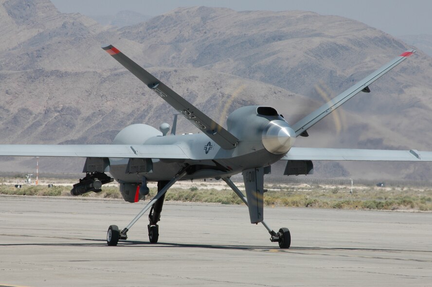 CREECH AFB, Nev. -- An MQ-9 Reaper taxis out to the runway at Creech AFB, Nev. for a training mission June 25, 2008.  The crew for the MQ-9 is a pilot and a sensor operator, who operate the aircraft from a remotely located ground control station. The MQ-9 Reaper is assigned to the 42nd Attack Squadron, part of the 432d Wing and 432d Air Expeditionary Wing. (Photo by Steve Huckvale)