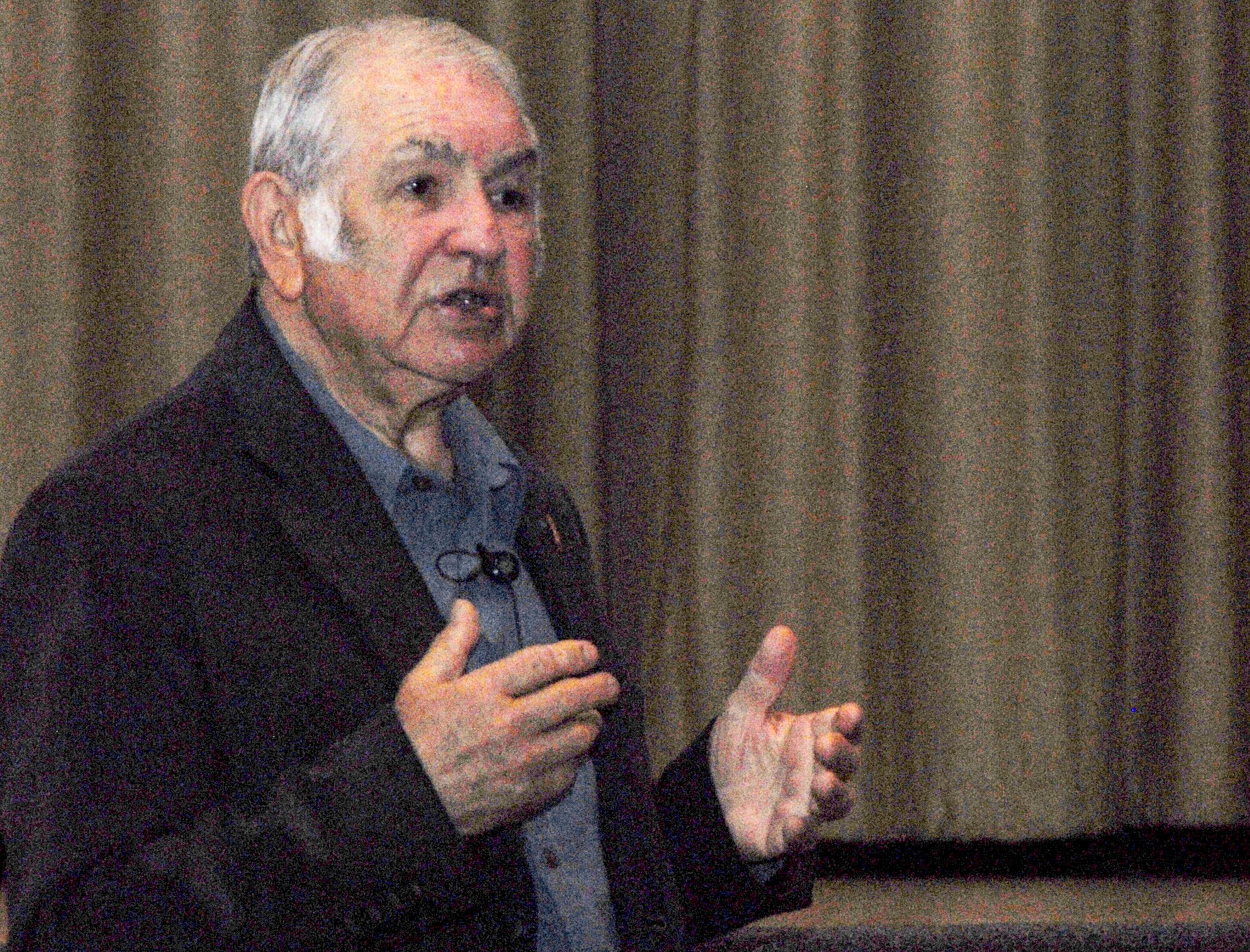 Walter Feiger, a survivor of the Gross-Rosen concentration camp in Germany during the Holocaust, speaks to servicemembers and civilians at Goodfellow Air Force Base April 22. Mr. Feiger and Wanda Wolosky, a survivor of the Warsaw ghetto, spoke during several sessions on base as well as a memorial service at the base chapel and a session off base at Angelo State University. (U.S. Air Force photo by Staff Sgt. Jon DuMond)