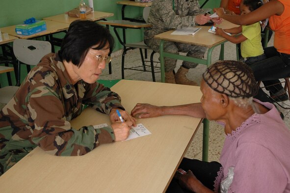 AZUA, Dominican Republic — U.S. Air Force Lt. Col. Judith Mates, attached to the 910th Medical Squadron, examines a resident here in the Family Care section of Dominican Republic Medical Readiness Training Exercise 2009. Col. Mates is among more than 30 Citizen Airman giving much needed medical care to more than 10,000 Dominican residents during this mission. The group left Youngstown Air Reserve Station, Ohio, April 25 and is scheduled to return May 8. U.S. Air Force photo by Tech. Sgt. Dennis J. Kilker Jr.