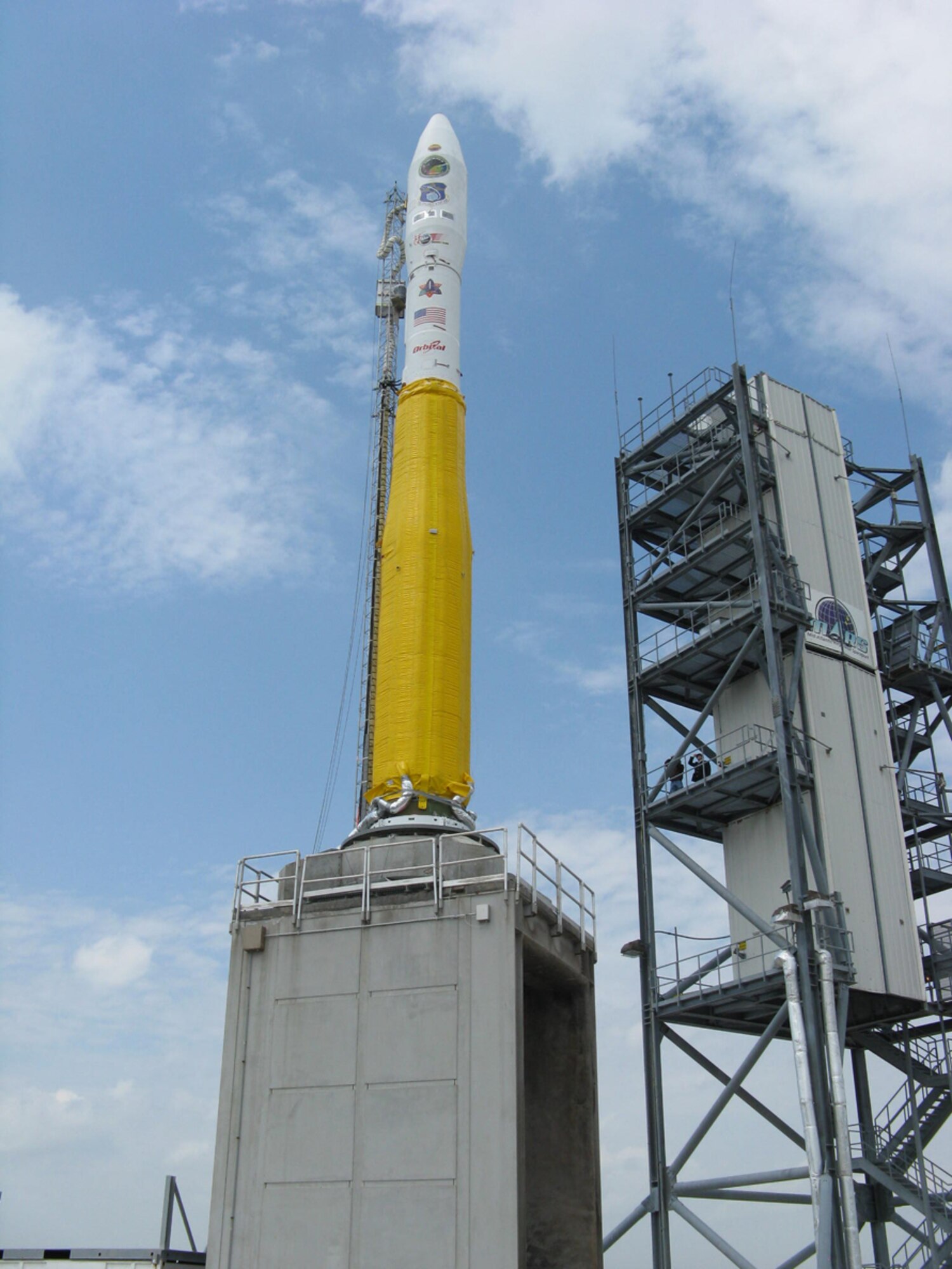 The TacSat-3 satellite awaits launch on board a Minotaur 1 rocket, May 1. The launch from NASA’s Wallops Flight Facility, Wallops Island, Va., is scheduled for May 5. Launch window opens at 8 p.m. EDT. (Photo by Col. William Handy)  