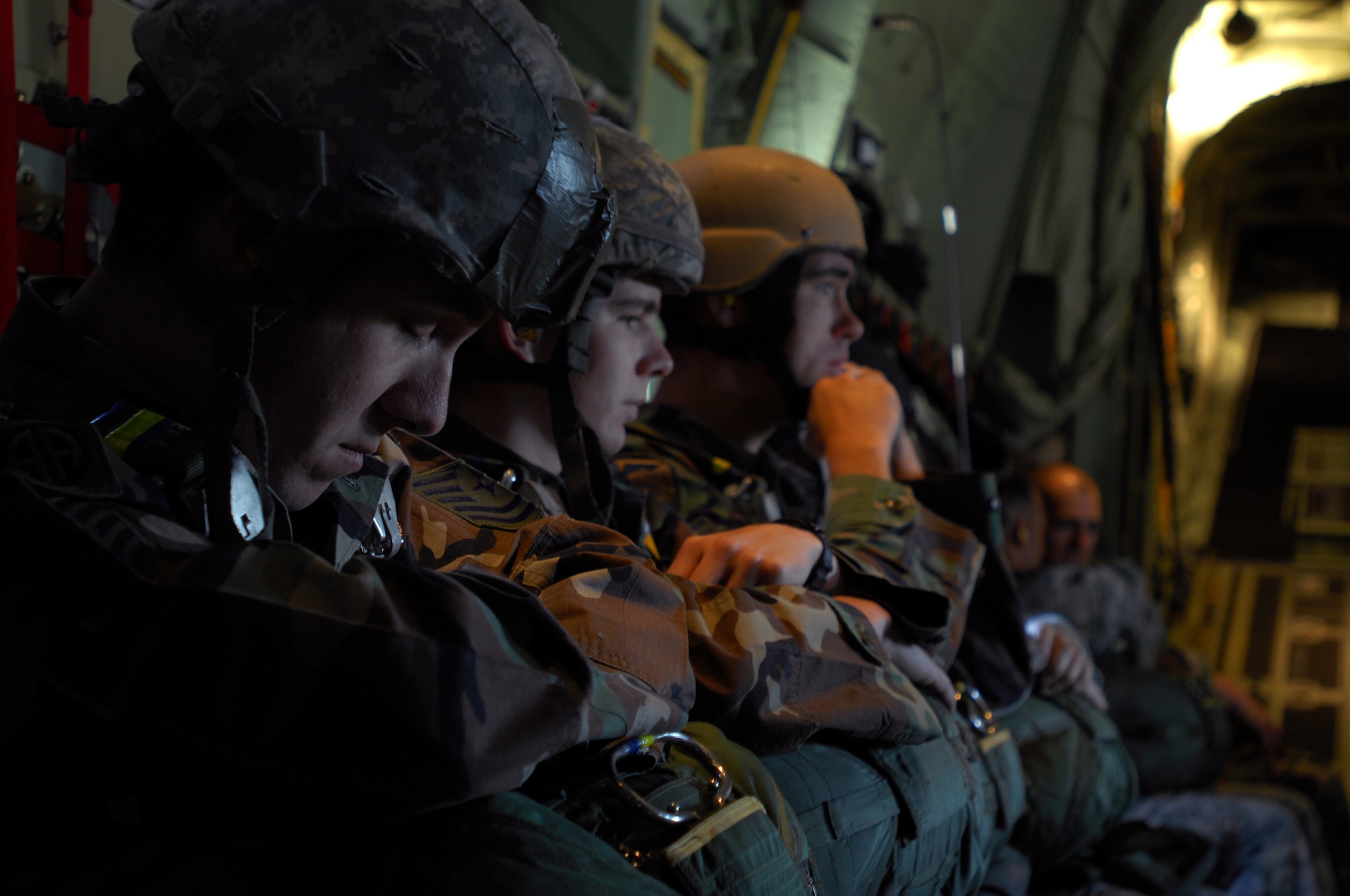 United States Air Force and Army paratroopers prepare for take off on Ramstein's new C-130J for the first Super Hercules personnel drop, May 4, 2009 Ramstein Air Base, Germany. (U.S. Air Force photo by Senior Airman Kenny Holston)