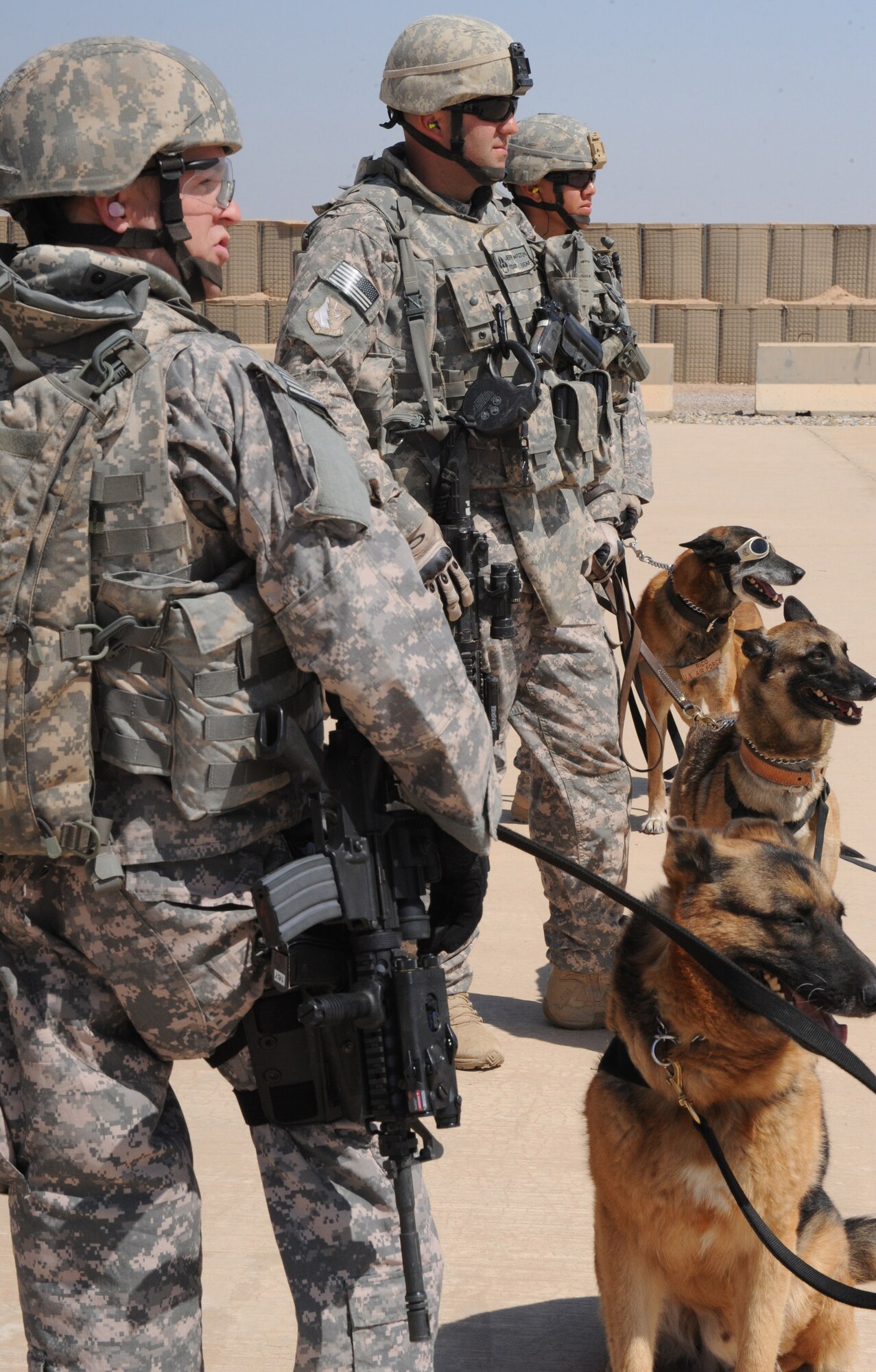 Military working dog handlers and military working dogs with the 332nd Security Forces Group wait for instructions to return to the aircraft from a helicopter crew chief during training April 21 at Joint Base Balad, Iraq. The training teaches the handlers and military working dogs how to safely and properly enter and exit aircraft, and prepares them for future air-assault missions. (U.S. Air Force photo/Senior Airman Elizabeth Rissmiller) 
