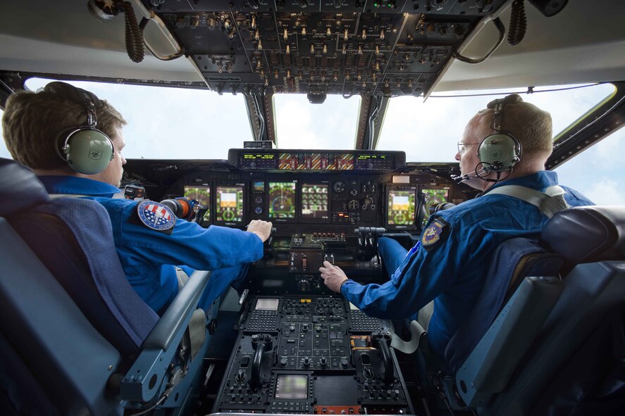 Test pilots from Lockheed-Martin during a test flight of a C5-A Galaxy with new digital avionics as part of the Avionics Modernization Program. This is the 50th C-5A to receive the equipment upgrade. The 49th and 50th aircraft to recieve the AMP upgrade were the first A models to be AMP equiped and both belong to the Air Force Reesrve Command's 433rd Airlift Wing. (Photo courtesy of Lockheed-Martin)