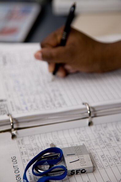YOKOTA AIR BASE, Japan -- Airman 1st Class Brandie Taylor, 374th Force Support Squadron, signs out a lock May 3 at Samurai Fitness Center. Customers can show their identification cards and sign out free locks for use during their workouts at the fitness center. (U.S. Air Force photo/Osakabe Yasuo)