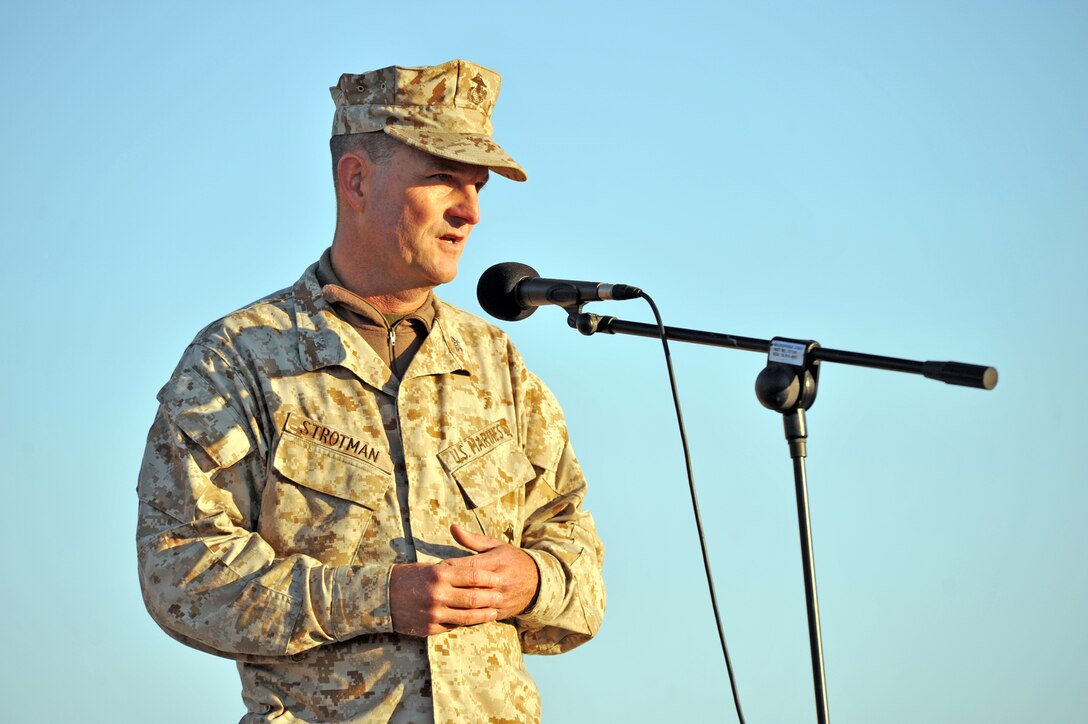U.S. Marine Colonel Sam Strotman, Task Force commander, talks to the troops during the opening ceremony for Exercise Shared Accord in Port Elizabeth, South Africa. Shared Accord is a joint exercise between the South African National Defence Forces and the U.S. military. Exercise Shared Accord includes various types of military training; humanitarian outreach, in way of medical, dental and veterinarian care; and construction projects.