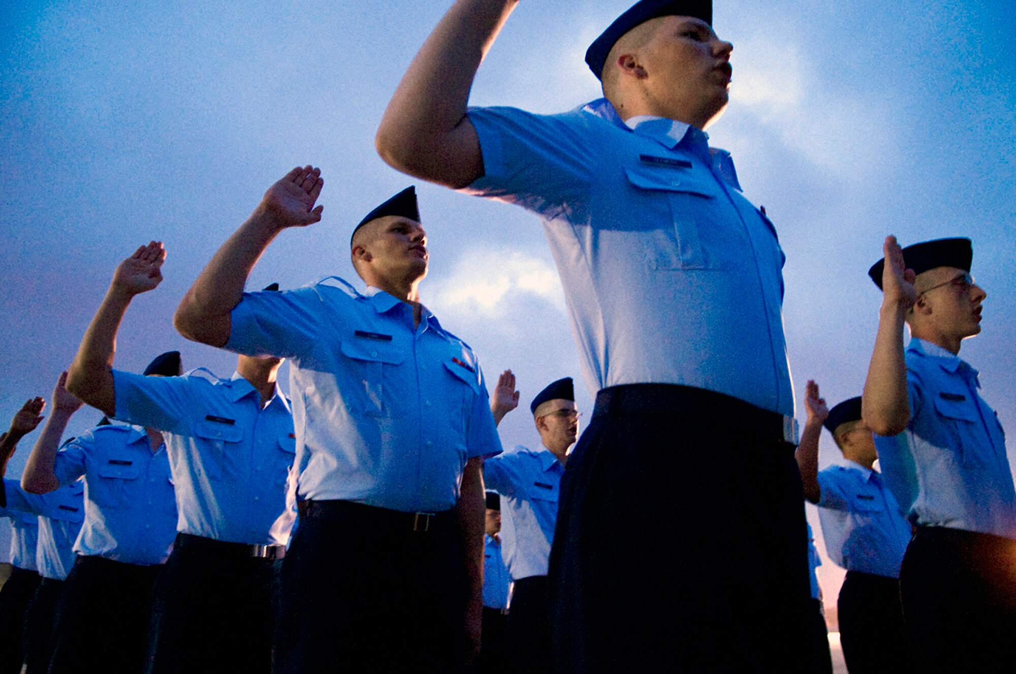 A group of 324th Training Squadron basic trainees practice swearing in to prepare for their Basic Military Training graduation May 1 at Lackland Air Force Base, Texas. (U.S. Air Force photo/Senior Airman Christopher Griffin)
