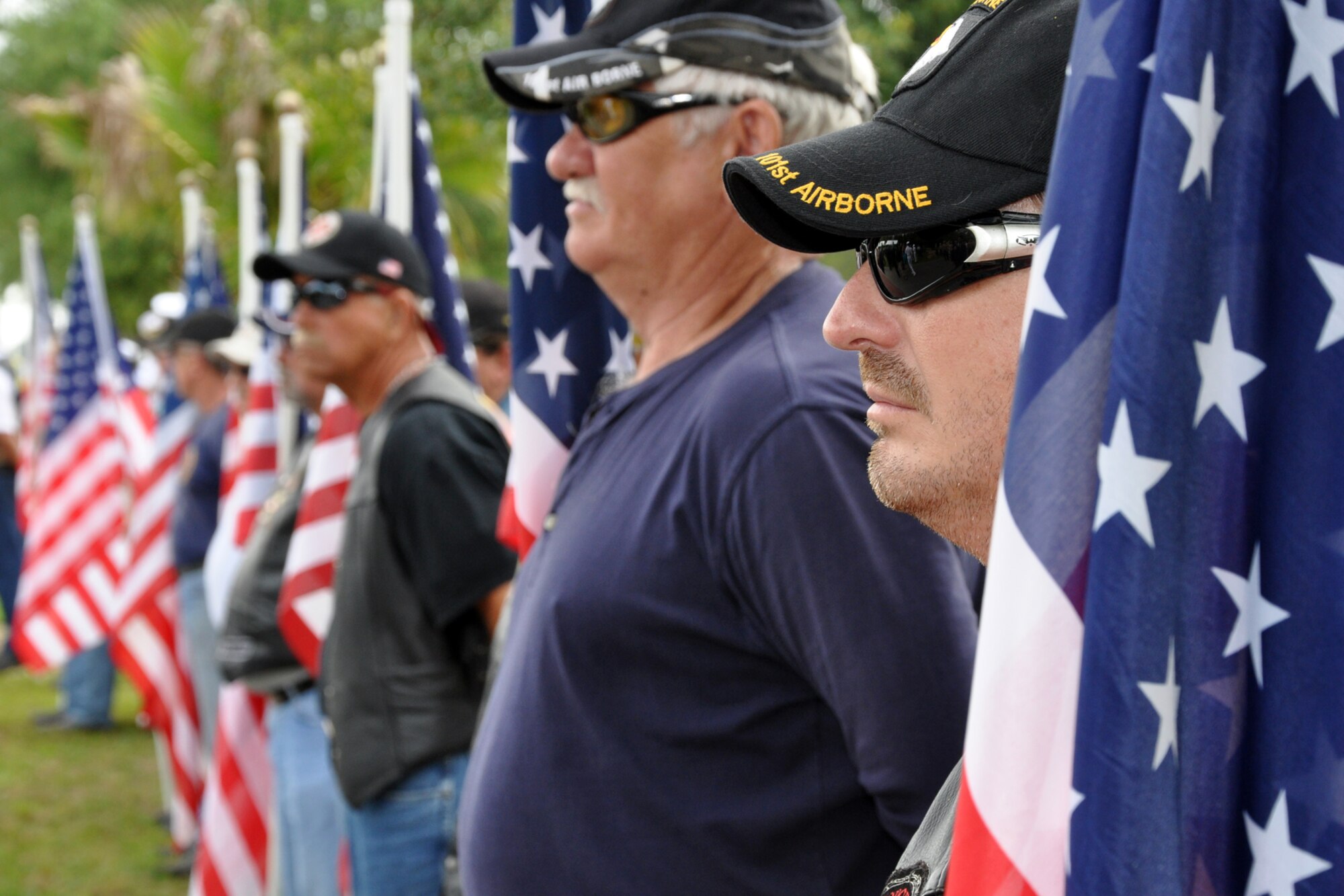 EGLIN AIR FORCE BASE, Fla. – Retired Army Staff Sgt. Mark Good, a member of the Patriot Guard Riders, stands among his peers with an American flag by his side. The ceremony was part of the 40th Annual Explosive Ordnance Disposal Memorial Service May 2, at the Kauffman EOD Training Complex.  During the service, six servicemembers' names were added to the Memorial. The total now stands at 238 names. The men and women whose names are on the Memorial must be graduates of an approved EOD School who have given their lives on active duty as a result of an EOD mission since the declaration of World War II. (U.S. Air Force photo/ Airman Anthony Jennings)