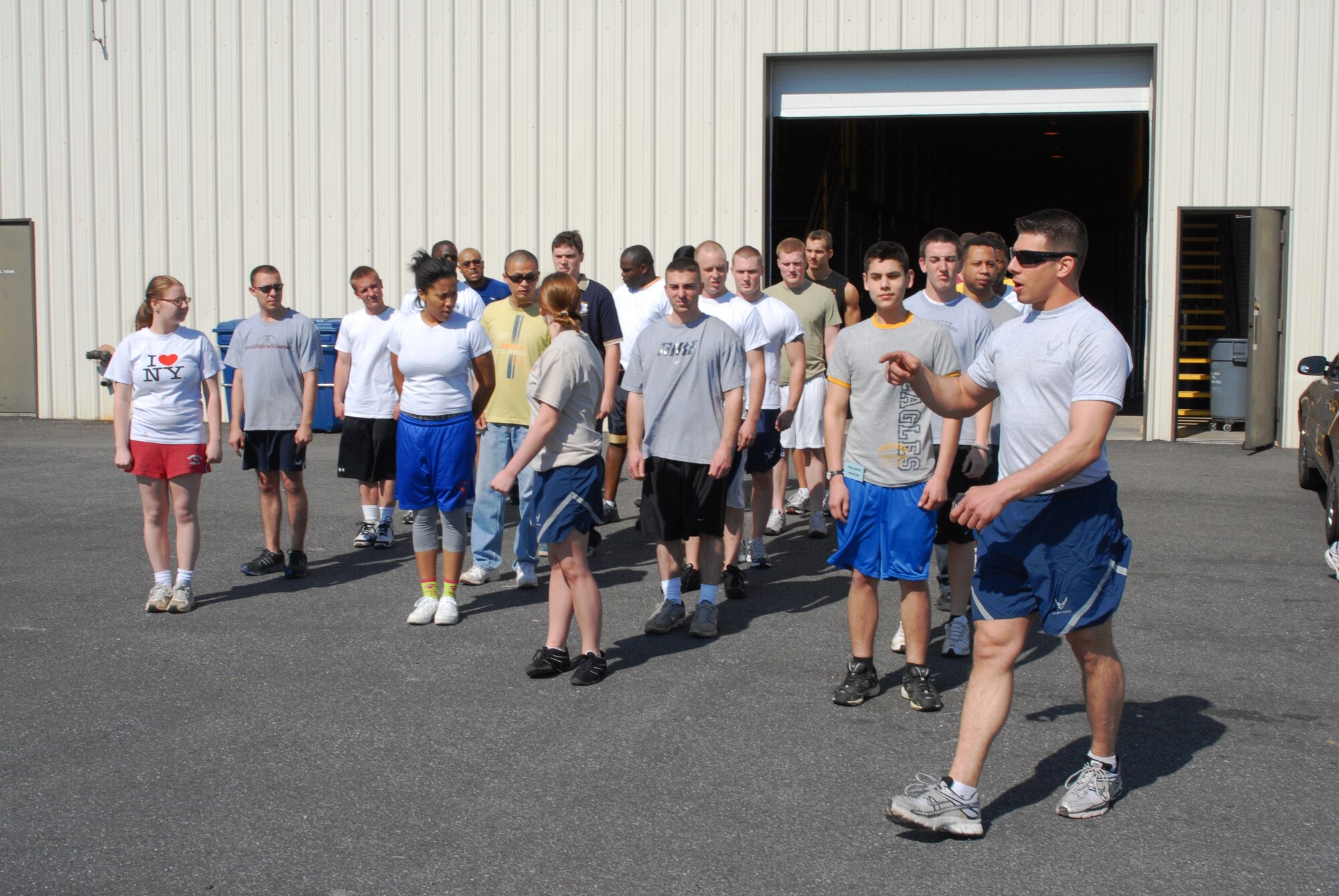 SSgt. Michael DeZinna leads the new student flight on thier first squardon run.  The student flight now meets every afternoon for physical training to help improve there chances of completing basic training. Official Photo By: Master Sgt. Edward Bard, 175th Public Affairs, WARFIELD AIR NATIONAL GUARD BASE, Maryland