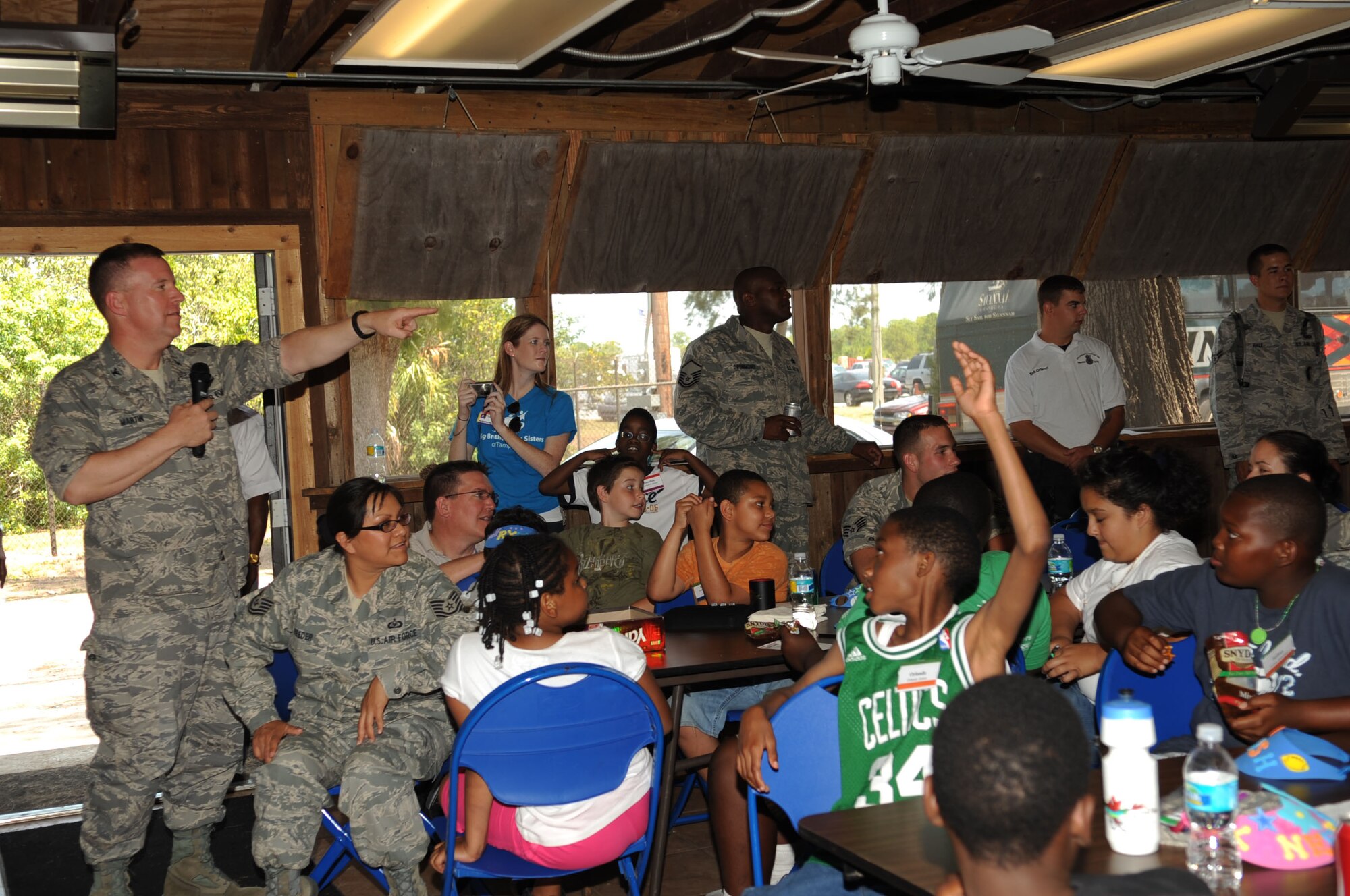 Col. Larry Martin, 6th Air Mobility Wing Commander, speaks during the Big for a Day celebration May 1.  The Big Brothers/Sisters program visits Macdill AFB annually to foster mentorship between local children and base populace, while becoming familiar with 6th Air Mobility Wing mission.  (U.S. Air Force photographer Senior Airman Nancy Hooks)