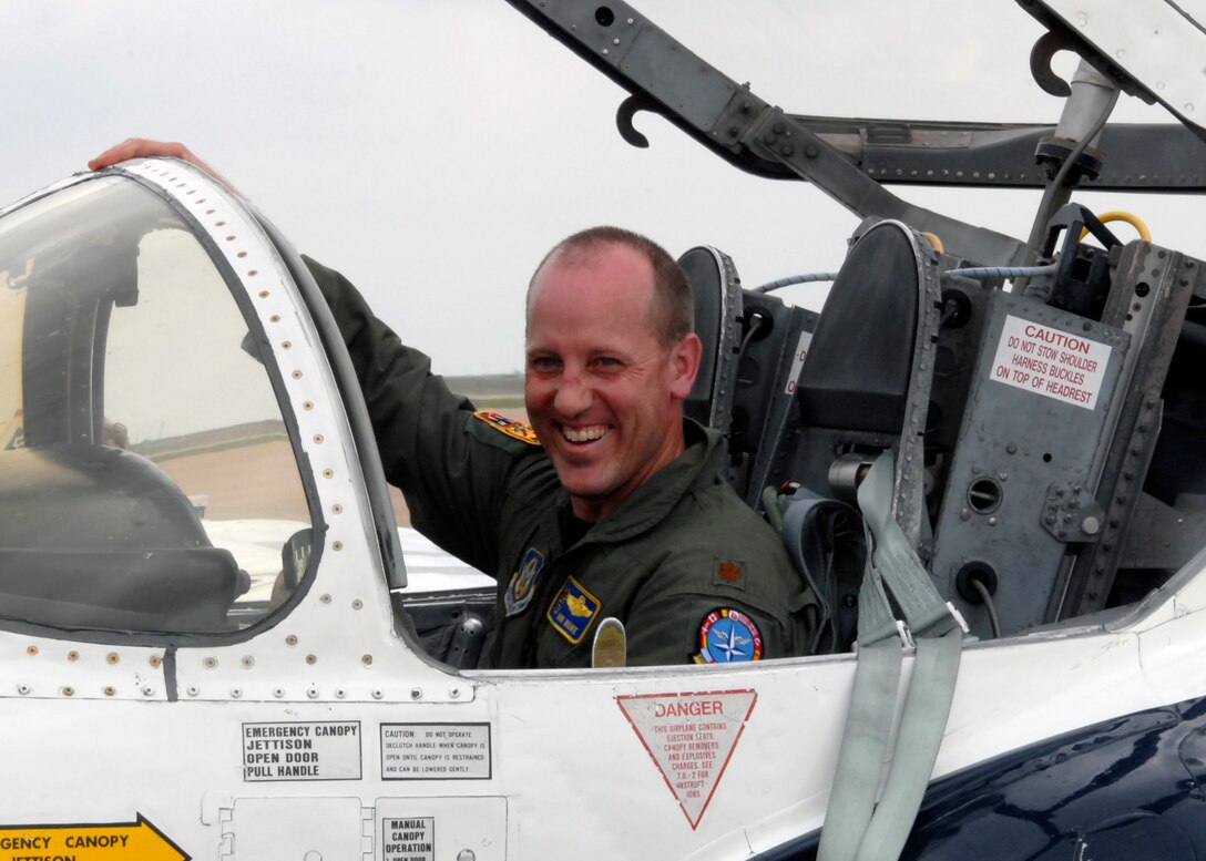 Maj. Eriik Nikula, an instructor in the 97th Flying Training Squadron at Sheppard Air Force Base, Texas, in the T-37 Tweet after landing a training mission May 1 that helped him reach the 4,000 flying hour milestone. With the Tweet scheduled for retirement this summer, Major Nikula will be the last Air Force pilot to log that many hours in the airframe. (U.S. Air Force/Mike Litteken)