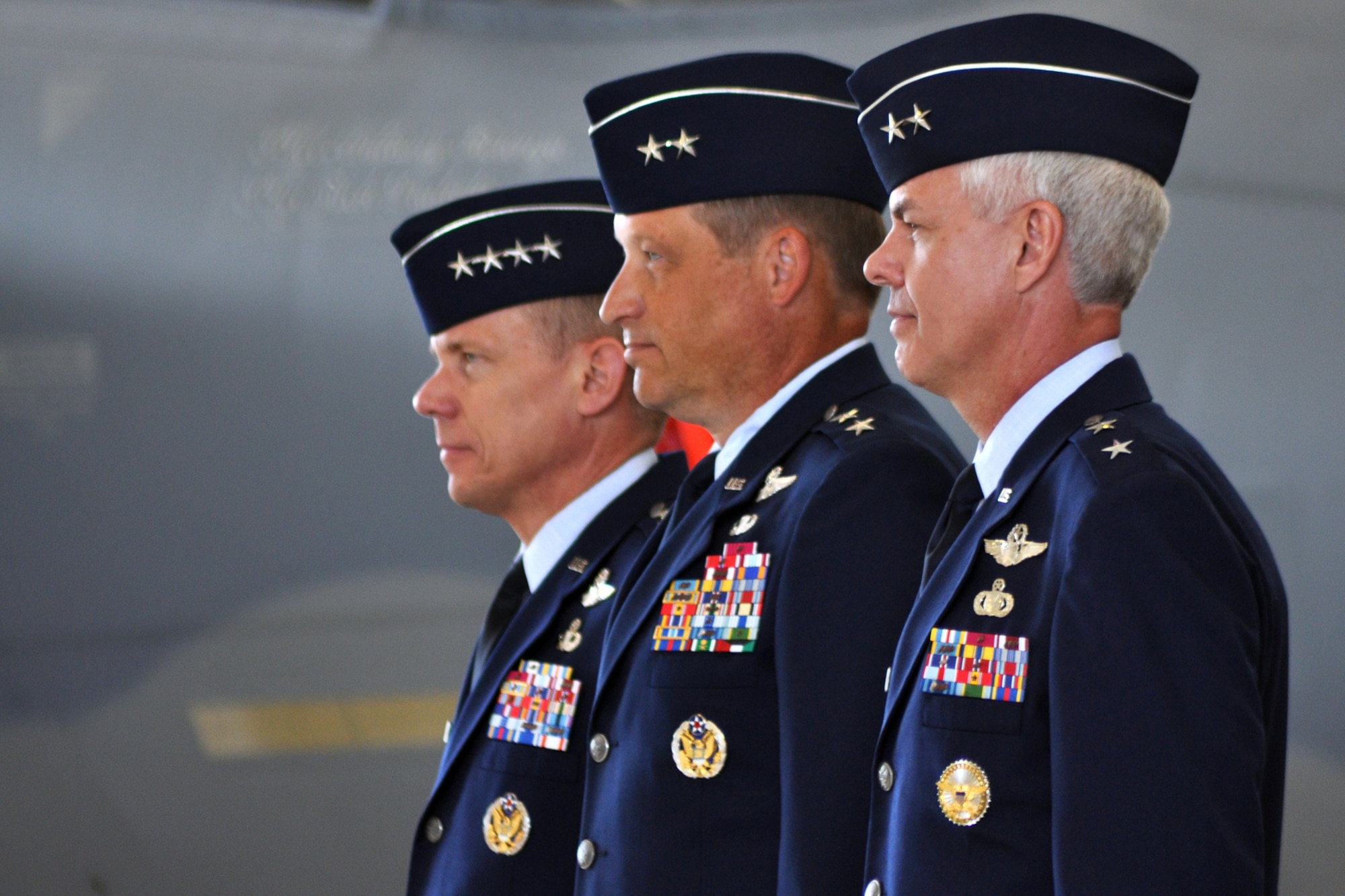 EGLIN AIR FORCE BASE, Fla. -- Gen. Donald Hoffman, Air Force Material Command commander stands next to Maj. Gen. Charles R. Davis after he took command of the Air Armament Center from Maj. Gen. David Eidsaune during the change-of-command ceremony. The ceremony is a time-honored military tradition symbolizing the continuity of authority as command is passed from one individual to another. (U.S. Air Force photo/ Airman Anthony Jennings)