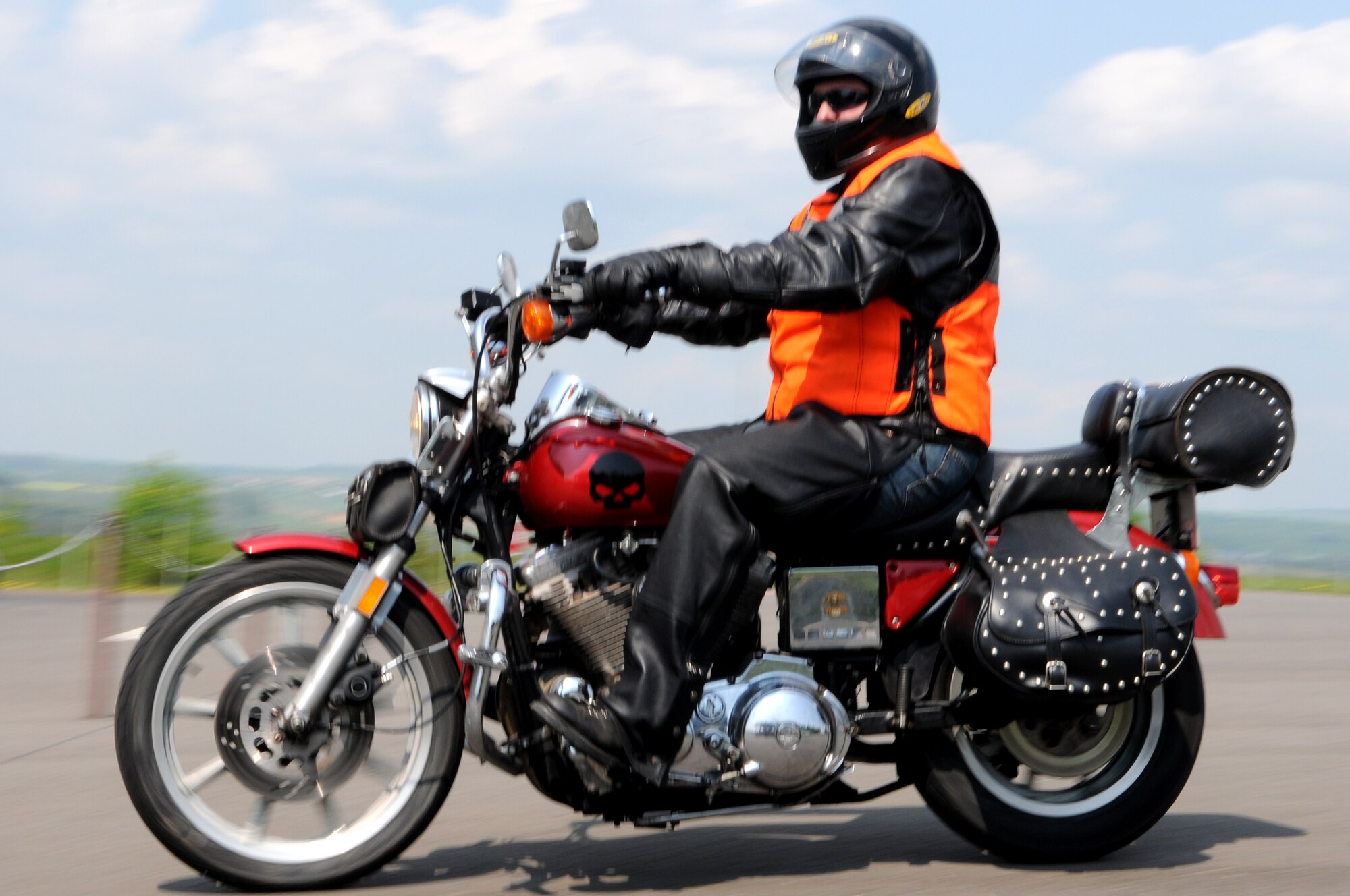 SPANGDAHLEM AIR BASE, Germany – Motorcycle riders from the 52nd Fighter Wing depart the Saber Driving Range after participating in Motorcycle Safety Day May 1. The event offered base riders an opportunity to practice motorcycle safety exercises. The event was sponsored by the 52nd FW Safety Office, the Eifel Riders and the Green Knights. (U.S. Air Force photo by Staff Sgt. Logan Tuttle)