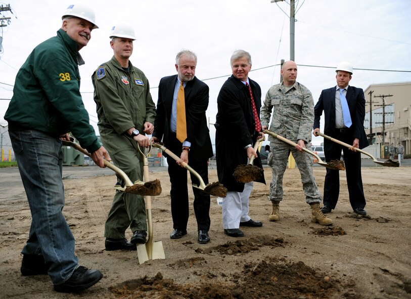 Michael Jacobs, Chariman of the Board of the Friends of the 106th, Colonel Michael F. Canders of the 106th Rescue Wing, Congressman Timothy Bishop, New York State Assemblyman Fred Thiele, Major John D. McElroy of the 103rd Rescue Squadron, and Supervisor for Racanelli Construction Keith Wood break ground for a new building to house the 103rd Rescue Squadron at F.S. Gabreski (ANG), Westhampton Beach on May 2, 2009.

Photo by Senior Airman Christopher S. Muncy 