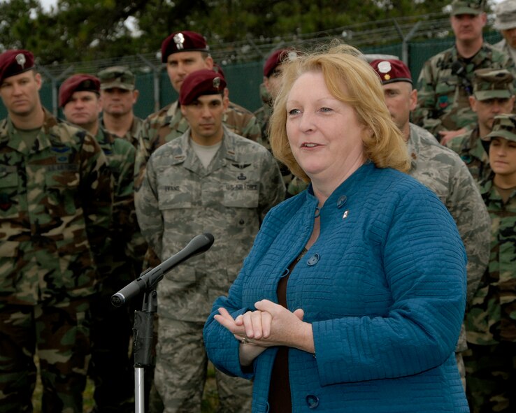 Suffolk County Legislator Kate M. Browning speaks to the assembled group during the ground breaking ceremony on May 2, 2009.

Members of the 106th Rescue Wing, elected officials, and the Friends of the 106th break ground for a new building to house the 103rd Rescue Squadron at F.S. Gabreski (ANG), Westhampton Beach.

(U.S. Airforce Photo/Tech Sgt. Frank P. Rizzo)

Photo Released by Capt. Alexander Q. Spencer, 631-723-7470