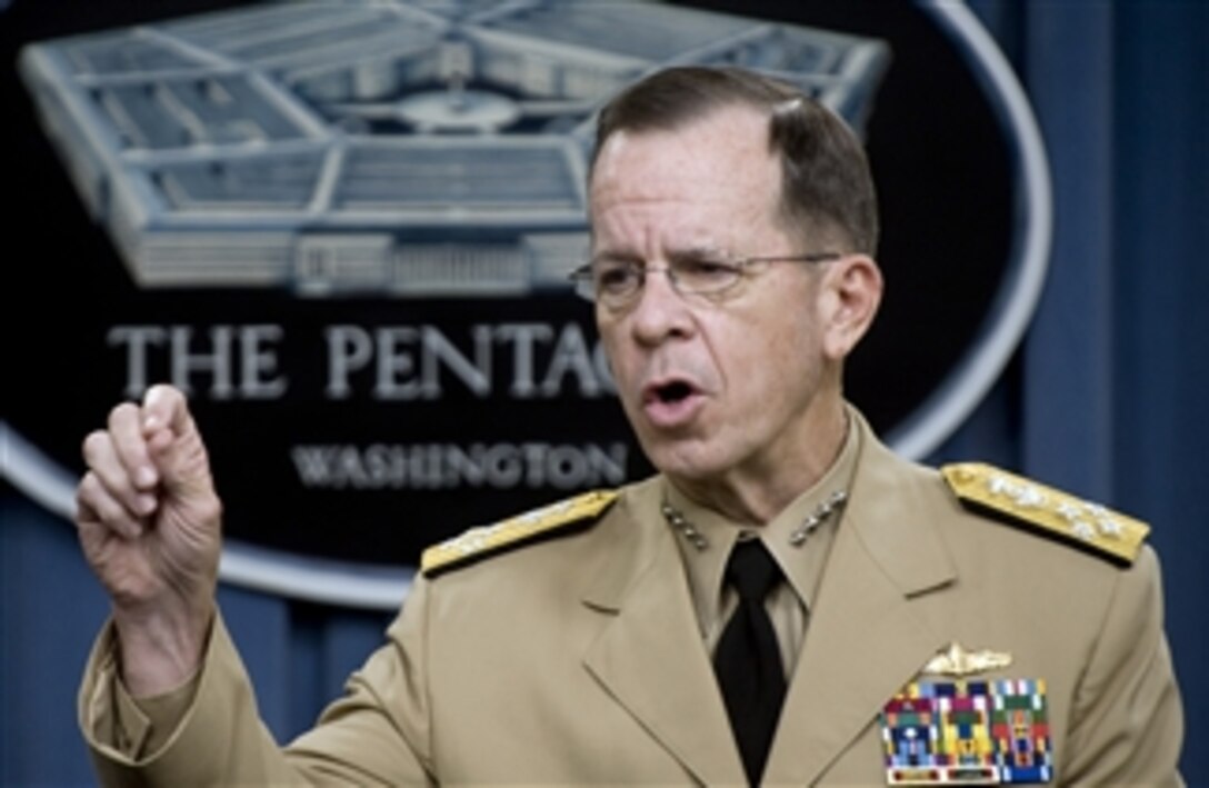 Chairman of the Joint Chiefs of Staff Adm. Mike Mullen, U.S. Navy, addresses the media during a press availability in the Pentagon on May 4, 2009.  