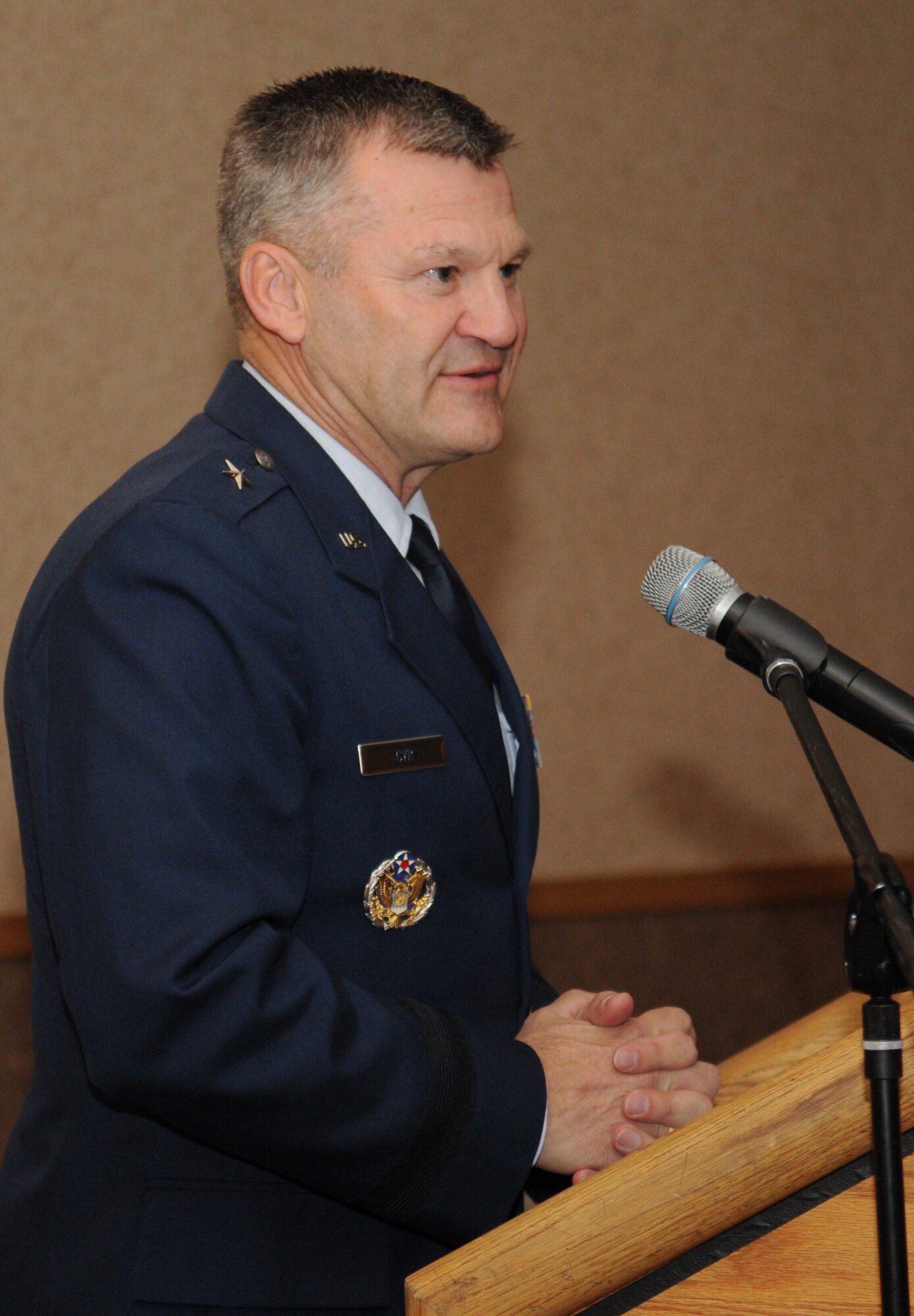 Chaplain, Brig. Gen. David H. Cyr speaks during the National Prayer Breakfast May 4, 2009 Eielson Air Force Base, Alaska. The breakfast is held every year for icemen to enjoy breakfast and pray together. (U.S. Air Force photo/Airman 1st Class Laura Max)