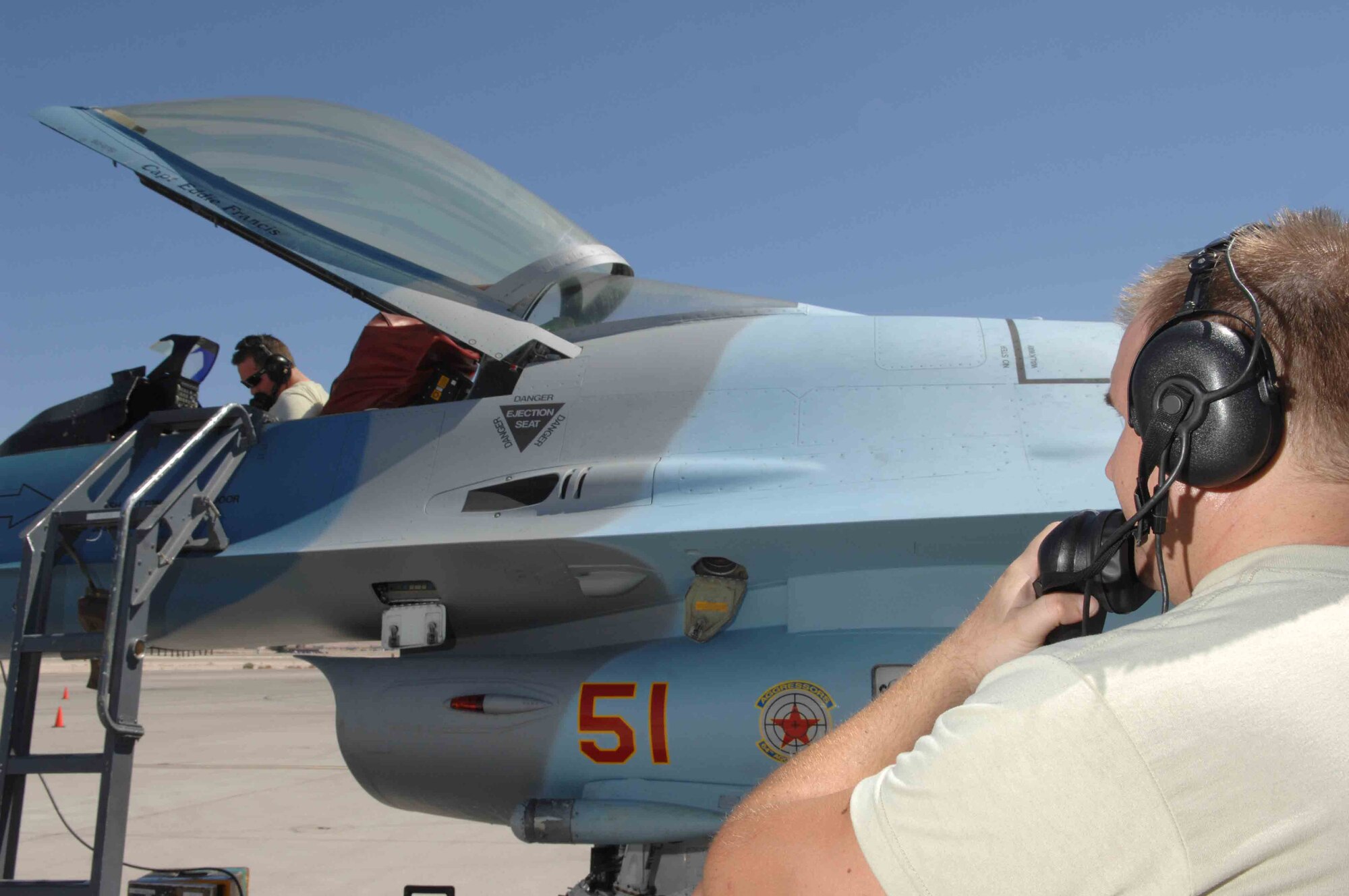 Staff Sgt. Giovanni Conti (right), and Senior Airman Shawn Ohagan, both F-16 avionics specialists in the 926th Aircraft Maintenance Squadron, conduct a radar functional check on an F-16 at Nellis Air Force Base, Nev. The 926th Group is an Air Force Reserve classic associate unit that supports the Regular Air Force’s U.S. Air Force Warfare Center at Nellis with Air Force reservists. (U.S. Air Force photo/Senior Airman Larry E. Reid Jr.)