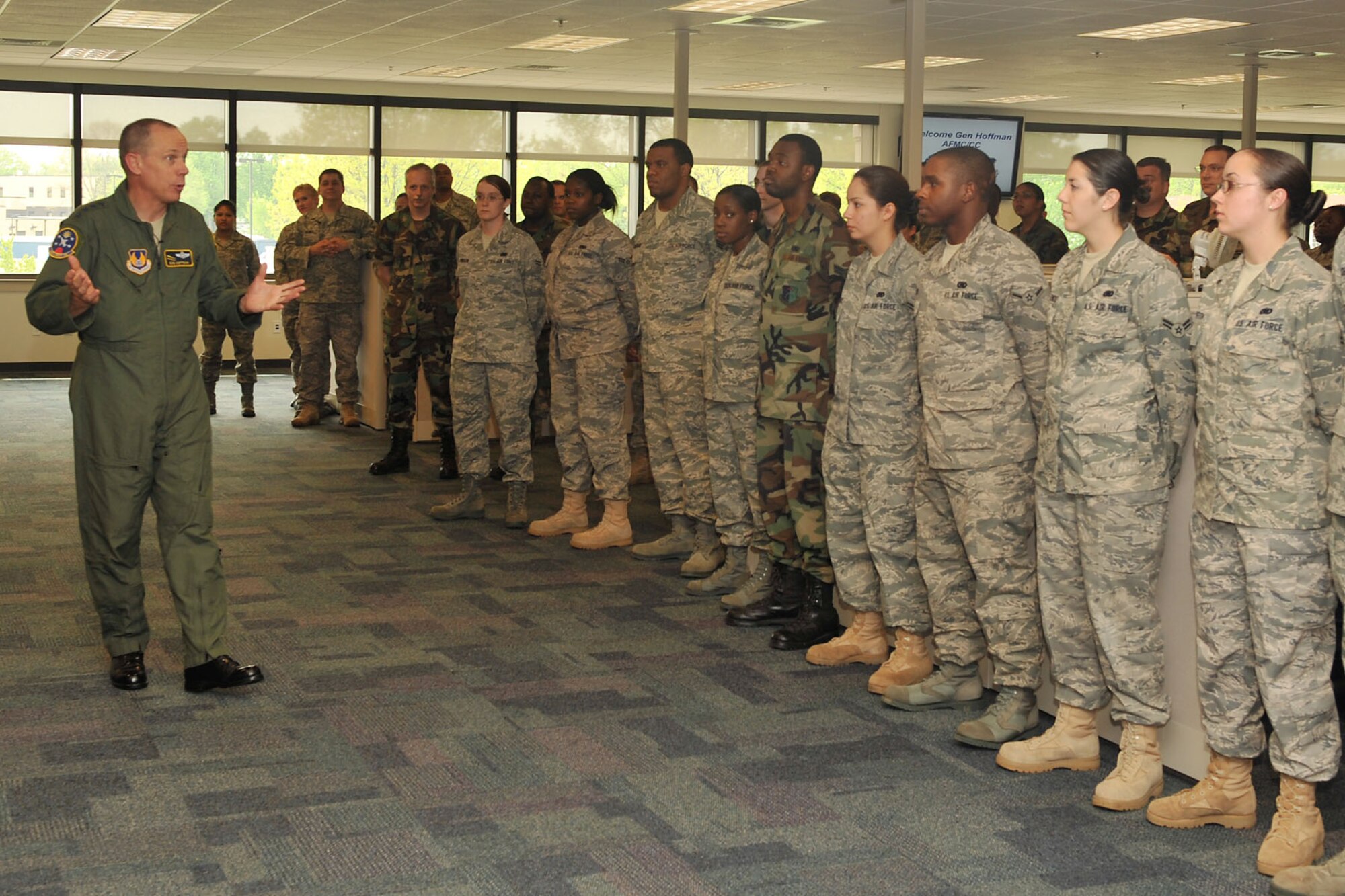 SCOTT AIR FORCE BASE, Ill. --Gen. Donald Hoffman, Air Force Material Command commander, speaks to Team Scott personnel from the 635th Supply Chain Managment group and wing April 29. (U.S. Air Force photo/Senior Airman Megan Gilliland) 
