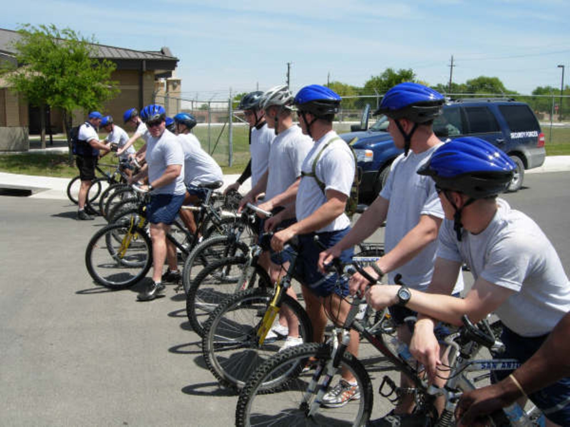 LAUGHLIN AIR FORCE BASE, Texas – Members of the 47th Security Forces Squadron receive instructions from a member of the San Antonio Police Department during the Bike Patrol Training Program here recently. This is the first set of Laughlin Airmen to undergo the five-day course and they will be implementing a similar program at Laughlin in the future.  The purpose for the bike patrol program is to enhance the unit’s personal contact with base members and to heighten crime prevention awareness of all base personnel. In addition, it is a more environmentally friendly program, which allows the squadron to save on fuel costs and extend motorized vehicle life. (Contributed photo)