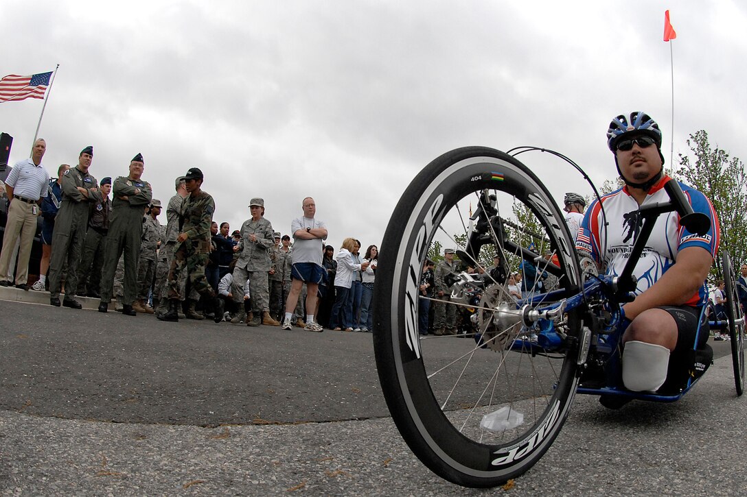 Sergeant Joe Beimfohr, a cavalry scout from the 1st Army Infantry Division, prepares to start the ride from Andrews Air Force Base Md., on May 1, 2009. The wounded warriors rode from Andrews to Annapolis, Md., as a part of a four day event to raise awareness of issues that veterans are challenged with when they return wounded from the war and for many, the soldier ride provides an important step in their return to an active lifestyle. (U.S. Air Force photo by: Staff Sergeant Tanika Belfield)