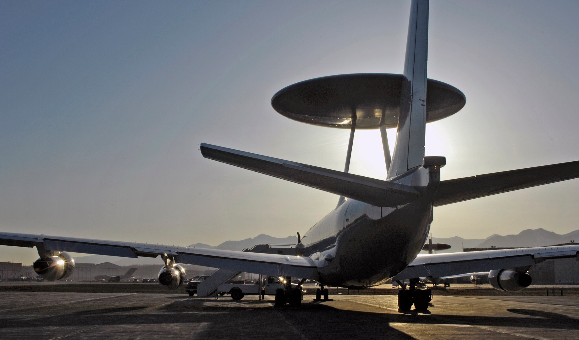 A NATO E-3 Airborne Warning and Control System faces an Alaska sunrise before takeoff during participating in Red Flag Alaska 09 on Friday, May 1. This exercise enables flying squadrons to enhance their fighting capabilities in simulated combat sorties in a realistic threat environment. (U.S. Air Force photo by Senior Airman Laura Turner) 

