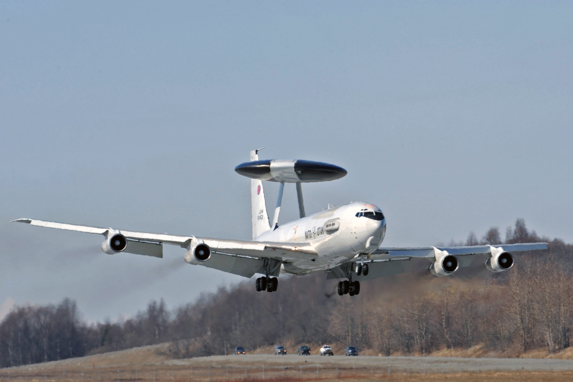 ELMENDORF AIR FORCE BASE, Alaska -- An E-3 A NATO E-3 Airborne Warning and Control System prepares to touch the tarmac after participating in Red Flag-Alaska 2009 April 30 at Elmendorf Air Force Base, Alaska. This exercise enabled flying squadrons to enhance their fighting capabilities in simulated combat sorties in a realistic threat environment. The 10-day exercise ended May 1. (U.S. Air Force photo/Senior Airman Laura Turner) 