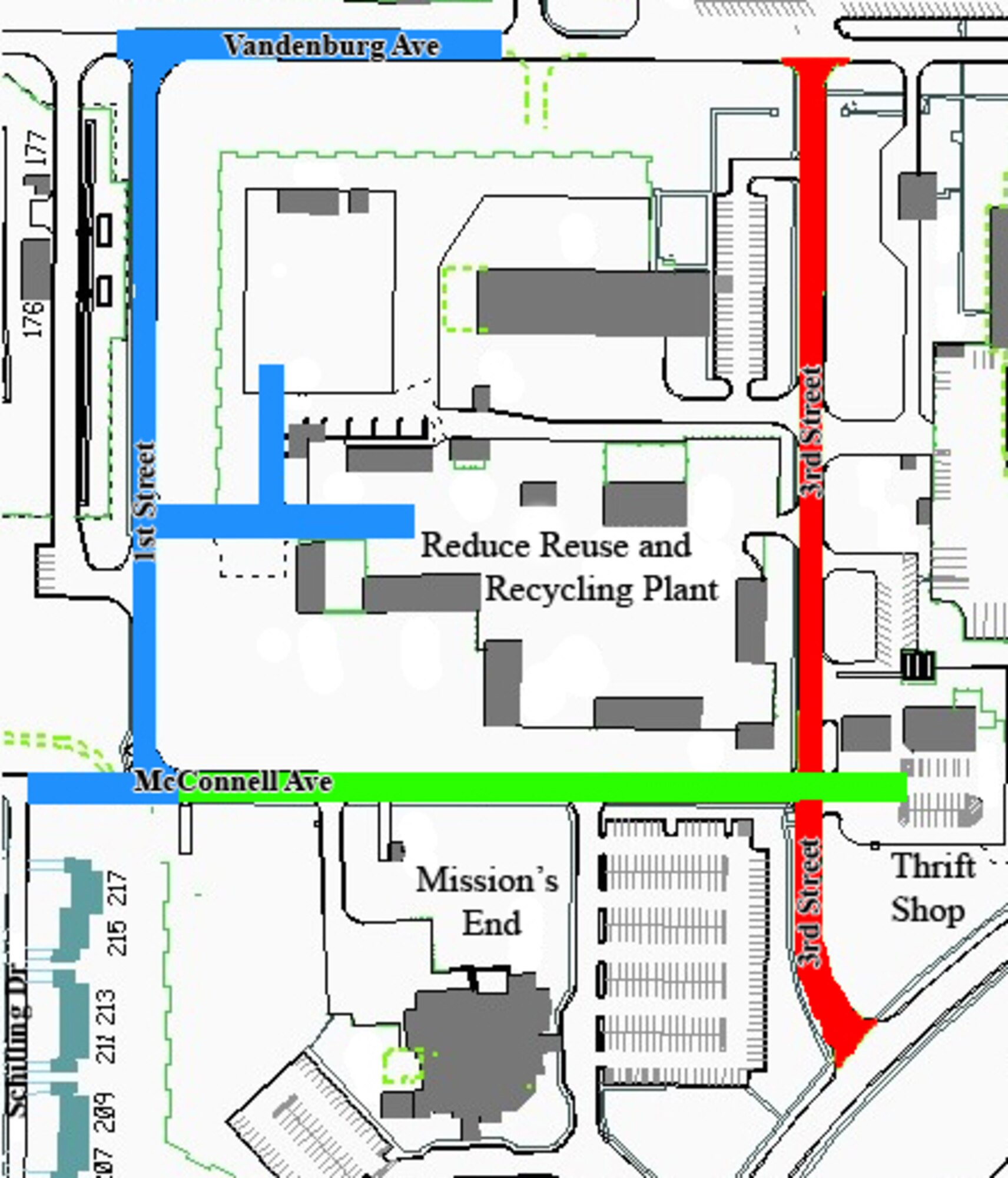 3rd Street will be closed for a full depth repair beginning May 18 for approximately eight weeks (indicated in red). Access to the Whiteman Shoppette will be via McConnell Avenue (indicated in green) and access to the Whiteman Reduce, Reuse and Recycle facility will be via the rear entrance on 1st Street (indicated in blue). For more information call 687-6388 or 687-7761. (Courtesy illustration)