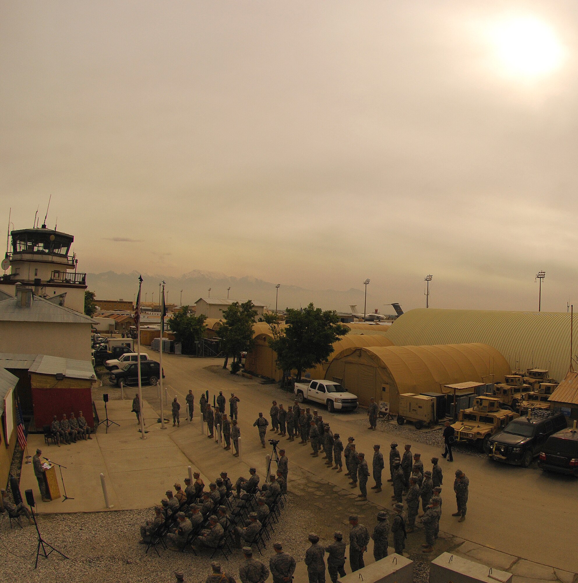 Col. James Reed, 755th Air Expeditionary Group commander, addresses dozens of Bagram's leaders during an assumption of command ceremony here May 5. Four new units, the 655th, 755th, 855th and 955th Air Expeditionary Squadrons, were stood up to provide support and oversight of more than 1,200 Airmen serving in more than 40 forward operating bases and camps throughout Afghanistan. (Air Force/Staff Sgt. Jason Lake)