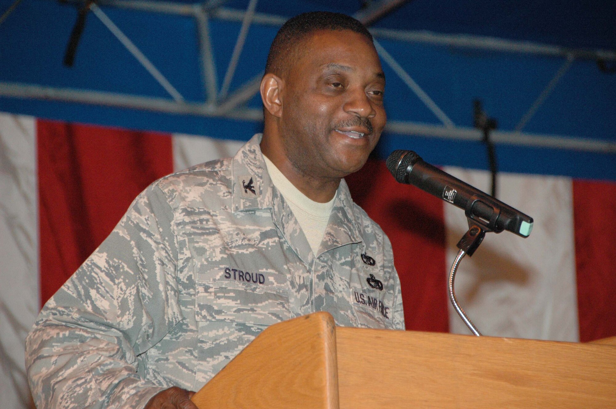 MCGUIRE AIR FORCE BASE, N.J. -- Col. Reginald Stroud gives his departing speech May 3 during a change-of-command ceremony held here, where he relinquished command of the 514th Maintenance Group to Col. Oreste Varela formally of Westover Air Reserve Base, Mass. Colonel Stroud moves to Warner Robins Air Force Base, Ga, where he is now assigned as the chief, Logistics Management Division. (U.S. Air Force photo/Master Sgt. Donna T. Jeffries)