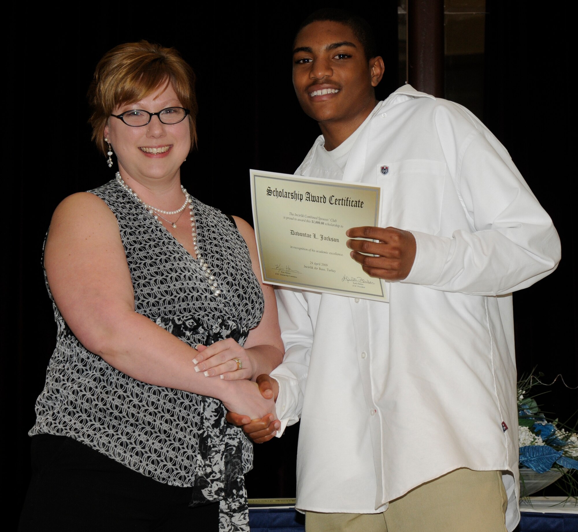 I.C.S.C. President Karla Barker and scholarship recipient Davontae Jackson. (U.S. Air Force photo/Airman 1st Class Amber Russell)
