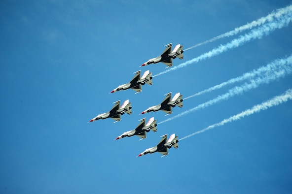The Thunderbirds, the Air Force’s premiere aerial demonstration team, headlined the 2009 Robins Air Show. The air show was a huge success, as an estimated 160,000 people came out to enjoy the show. U. S. Air Force photo by Claude Lazzara