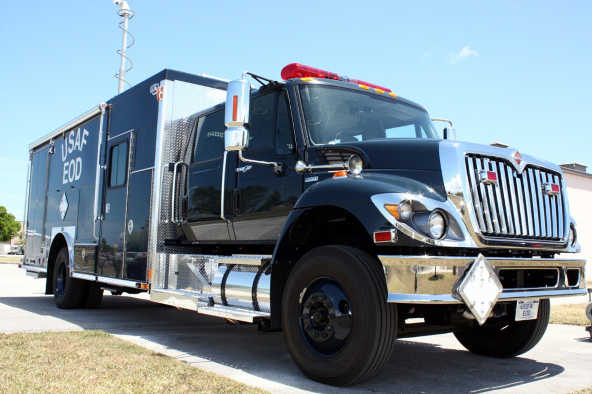 HOMESTEAD AIR RESERVE BASE, Fla. – The 482nd Civil Engineer Squadron’s Explosive Ordnance Disposal Flight recently received a new addition to their arsenal of equipment used to safely disarm explosive ordnance. The “Base Support Emergency Response Vehicle” carries equipment such as bomb suits, robots, tools and anything EOD Flight members need to train or respond to explosives. Also, EOD technicians will now be able to train with the same trucks used by the active duty Air Force to prepare for future operations, said Master Sgt. James Raulerson, EOD Flight. Members of the flight continually deploy in support of operations in Iraq and Afghanistan, and each mission they accomplish has life-saving consequences for U.S. and Coalition servicemembers.  (U.S. Air Force photo/2nd Lt. Erik Hofmeyer)
