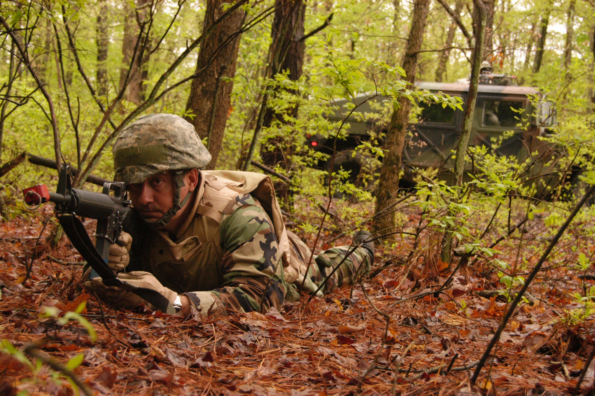 Lt. Col. Michael Knipper, a student in the Advanced Contingency Skills Training Course from Wright-Patterson Air Force Base, Ohio, participates in a scenario for mounted patrol, or convoy, operations training on May 3, 2009, on a Fort Dix, N.J., range.  ACST, taught by the U.S. Air Force Expeditionary Center's 421st Combat Training Squadron on Fort Dix, prepares Airmen for upcoming deployments.  (U.S. Air Force Photo/Staff Sgt. J.G. Buzanowski)