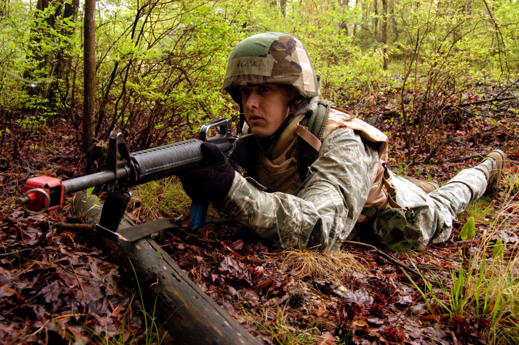 Capt. Casey Pease, a student in the Advanced Contingency Skills Training Course from Randolph Air Force Base, Texas, participates in a scenario for mounted patrol, or convoy, operations training on May 3, 2009, on a Fort Dix, N.J., range.  ACST, taught by the U.S. Air Force Expeditionary Center's 421st Combat Training Squadron on Fort Dix, prepares Airmen for upcoming deployments.  (U.S. Air Force Photo/Staff Sgt. J.G. Buzanowski)