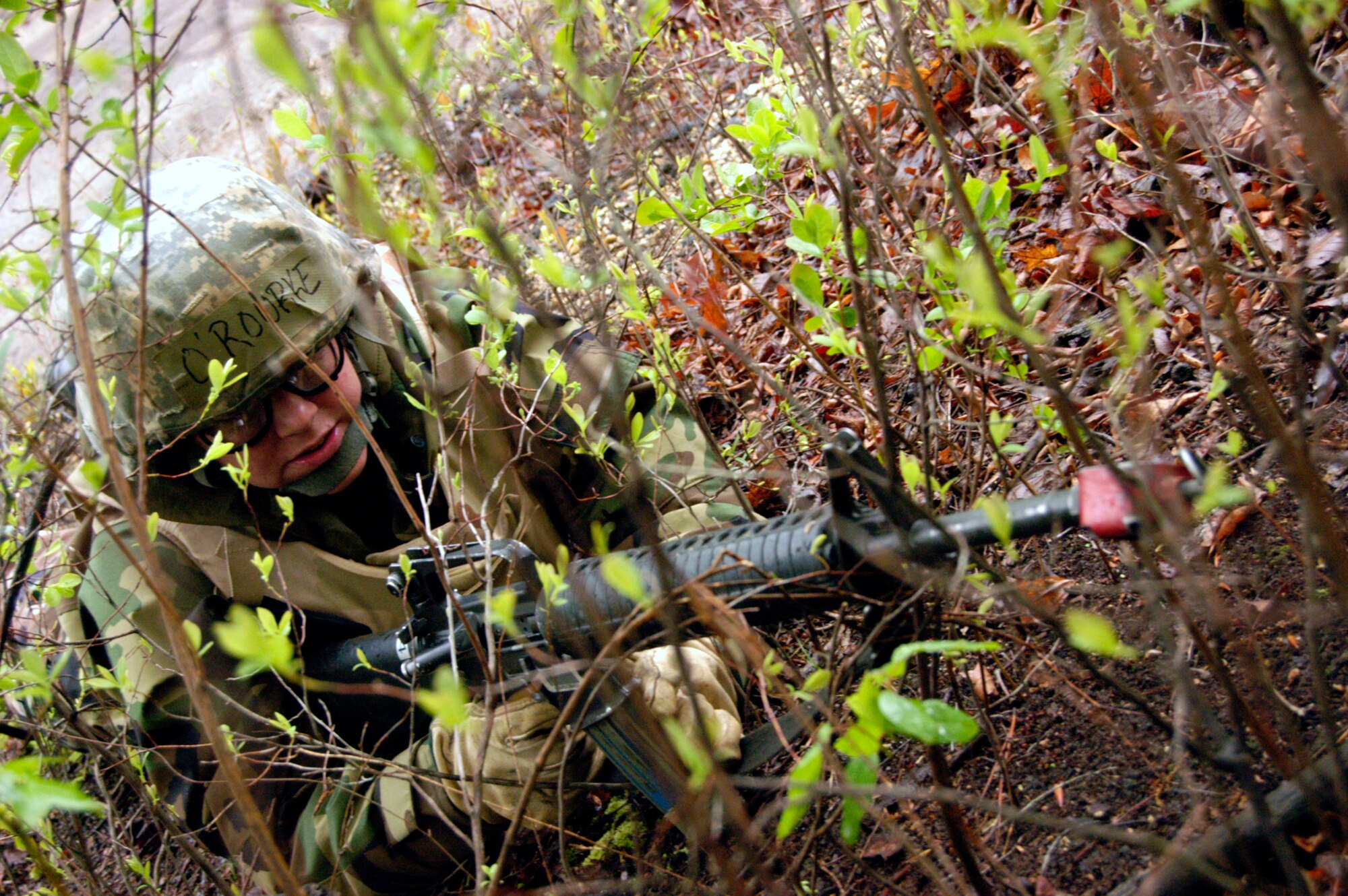 Staff Sgt. Kathleen O'Rourke, a student in the Advanced Contingency Skills Training Course from the Pentagon in Arlington, Va., participates in a scenario for mounted patrol, or convoy, operations training on May 3, 2009, on a Fort Dix, N.J., range.  ACST, taught by the U.S. Air Force Expeditionary Center's 421st Combat Training Squadron on Fort Dix, prepares Airmen for upcoming deployments.  (U.S. Air Force Photo/Staff Sgt. J.G. Buzanowski)