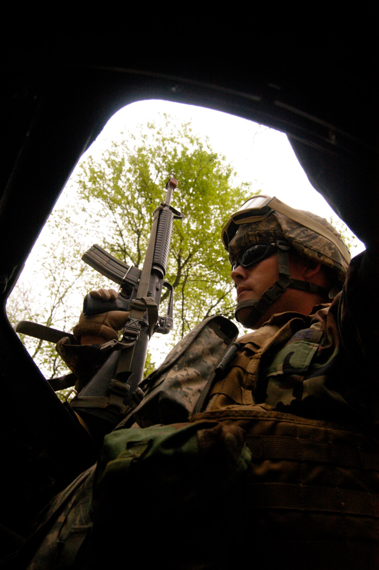A student in the Advanced Contingency Skills Training Course participates in a scenario for mounted patrol, or convoy, operations training on May 3, 2009, on a Fort Dix, N.J., range.  ACST, taught by the U.S. Air Force Expeditionary Center's 421st Combat Training Squadron on Fort Dix, prepares Airmen for upcoming deployments.  (U.S. Air Force Photo/Staff Sgt. J.G. Buzanowski)