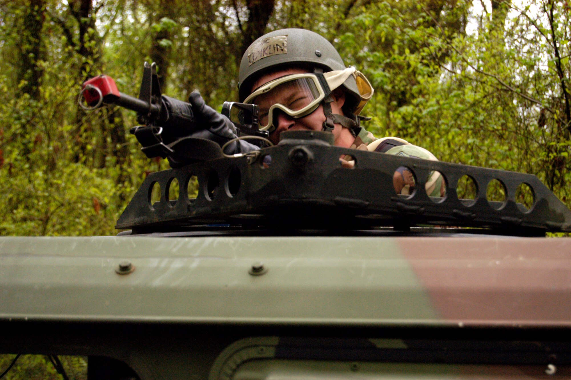 Airman 1st Class Steve Conklin, a student in the Advanced Contingency Skills Training Course from Hurlburt Field, Fla., participates in a scenario for mounted patrol, or convoy, operations training on May 3, 2009, on a Fort Dix, N.J., range.  ACST, taught by the U.S. Air Force Expeditionary Center's 421st Combat Training Squadron on Fort Dix, prepares Airmen for upcoming deployments.  (U.S. Air Force Photo/Staff Sgt. J.G. Buzanowski)