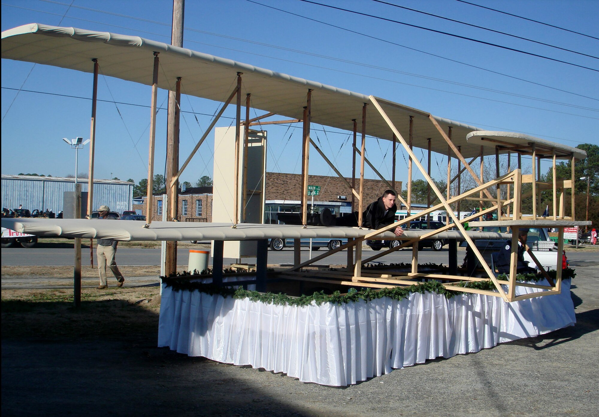 Air Force Junior ROTC detachment NC-945 cadets from SouthWest Edgecombe High School, N.C., built a replica of the Wright Flyer in December 2008 that spans the original dimensions of 18 feet by 40 feet. The cadets were inspired by a trip to the Wright Brothers' memorial in Kitty Hawk, N.C., and used more than 500 feet of pine and 420 feet of muslin in addition to numerous other materials. (Courtesy photo)