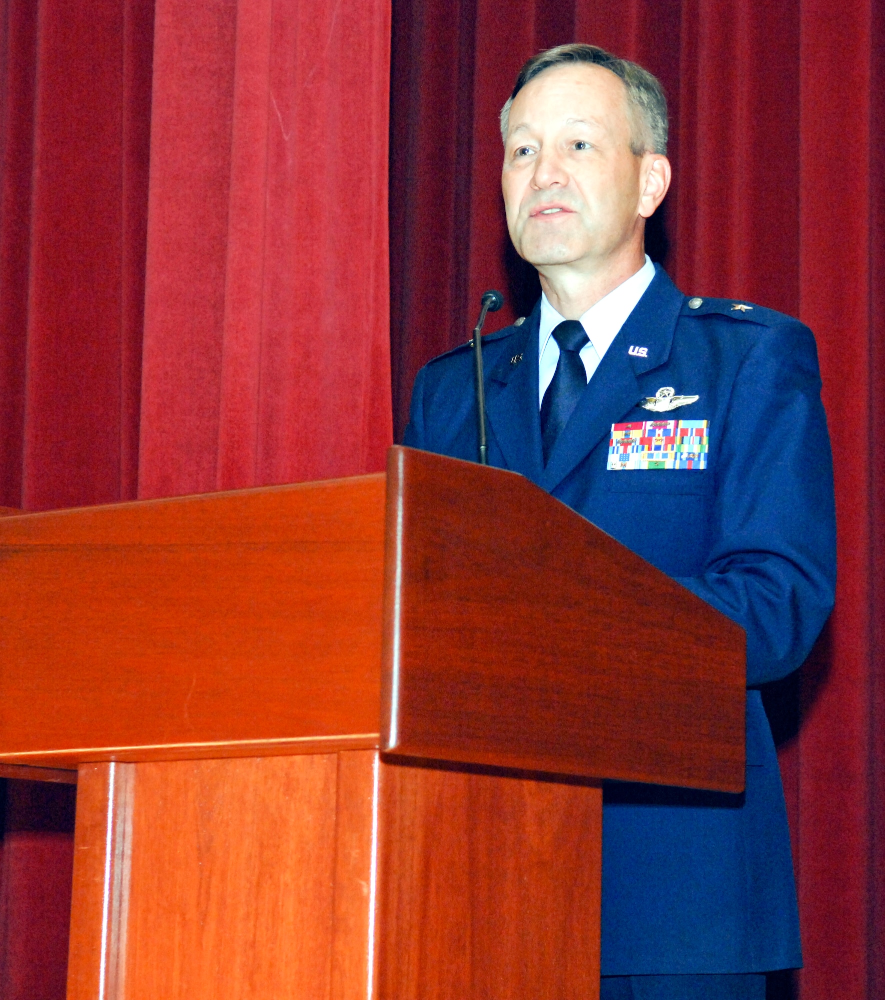 Brig. Gen. Eric W. Crabtree, 4th Air Force Commander, speaks to his staff at his first commander's call since assuming command.  (U.S. Air Force photo/Maj. Andra P. Higgs)