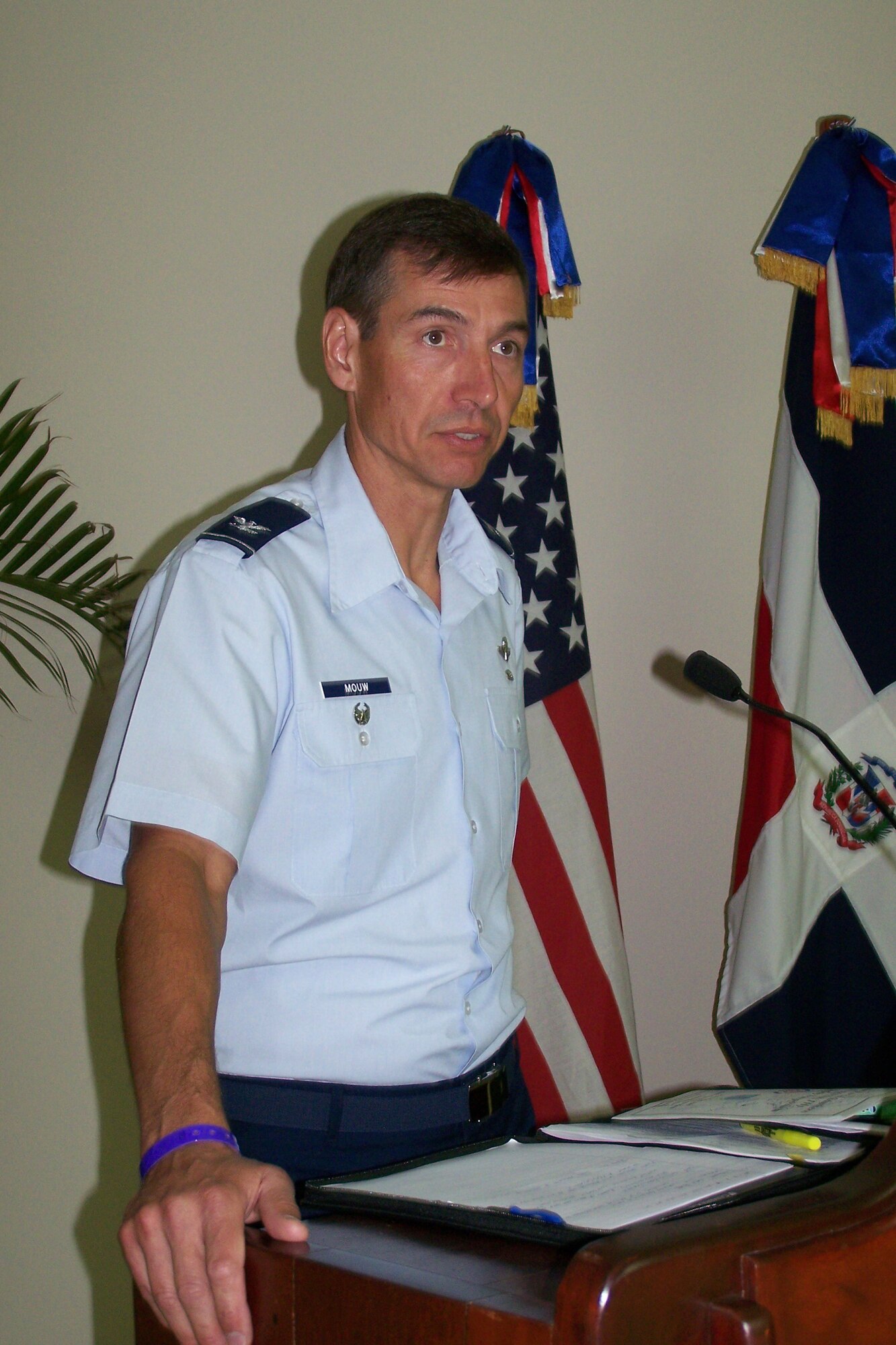 BOCA CHICA, Dominican Republic -- Col. Mark Mouw, 12th Air Force (Air Forces Southern) director of safety, addresses safety officials from 16 nations across the western hemisphere during a safety symposium April 28.  The symposium featured briefings on ground, weapons, and flight safety, and set the stage for discussions between participating countries to tackle safety hurdles in a cooperative manner. (Courtesy Photo)