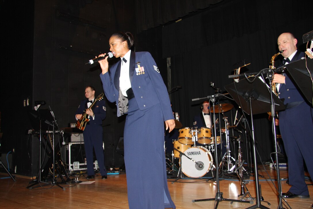 SSgt Felita Rowe performs with Nighthawk at a performance at Bluefield State College in Bluefield, West Virginia