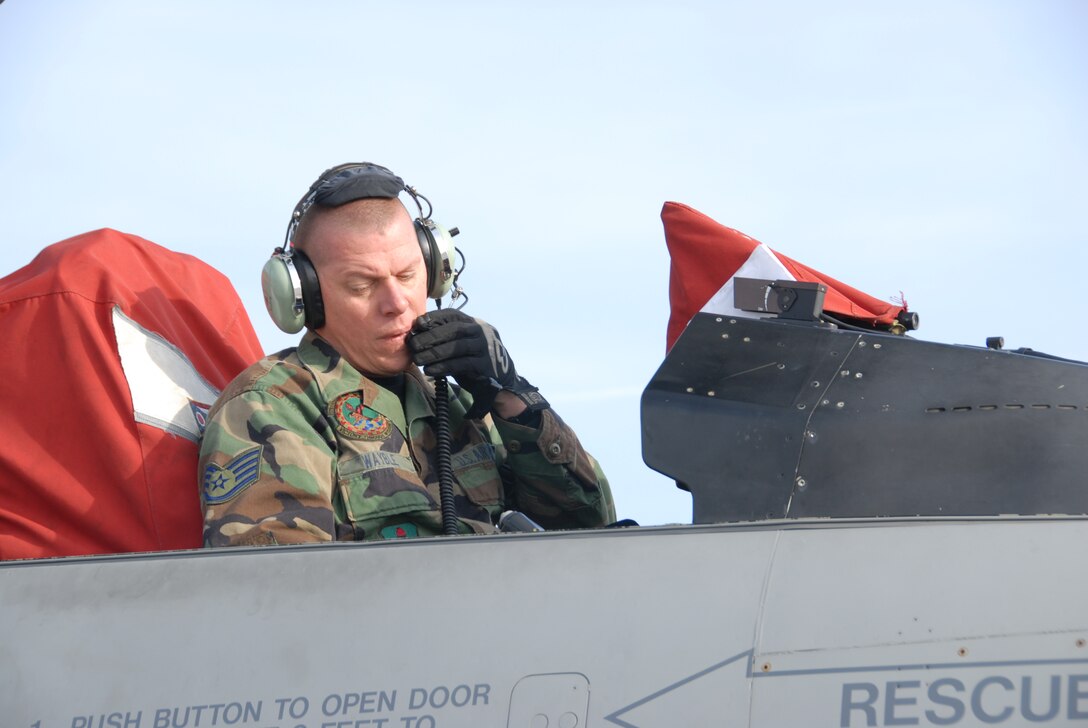 Staff Sgt. Daniel Wayble, 178th Fighter Wing Maintenance Squadron prepares aircraft for a mission.