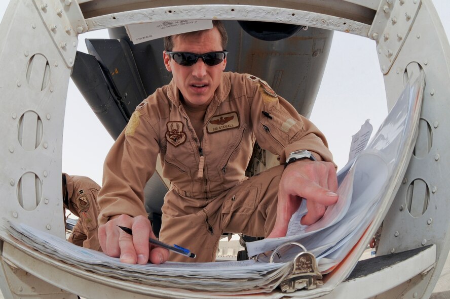 Major Sidney Stegall, 9th Expeditionary Bomb Squadron, reviews the maintenance paperwork prior to performing preflight checks on a B-1B Lancer here, May 5, 2009, in an undisclosed location in Southwest Asia.  Prior to every sortie the maintenance paperwork is reviewed to ensure the aircrew is aware of any discrepancies with the aircraft prior to performing preflight checks.  Major Stegall is native to Pine Log, Ga. and is deployed from Dyess Air Force Base, Texas in support of Operations Iraqi and Enduring Freedom and Combined Joint Task Force - Horn of Africa.  (U.S. Air Force Photo by Staff Sgt. Joshua Garcia/released)