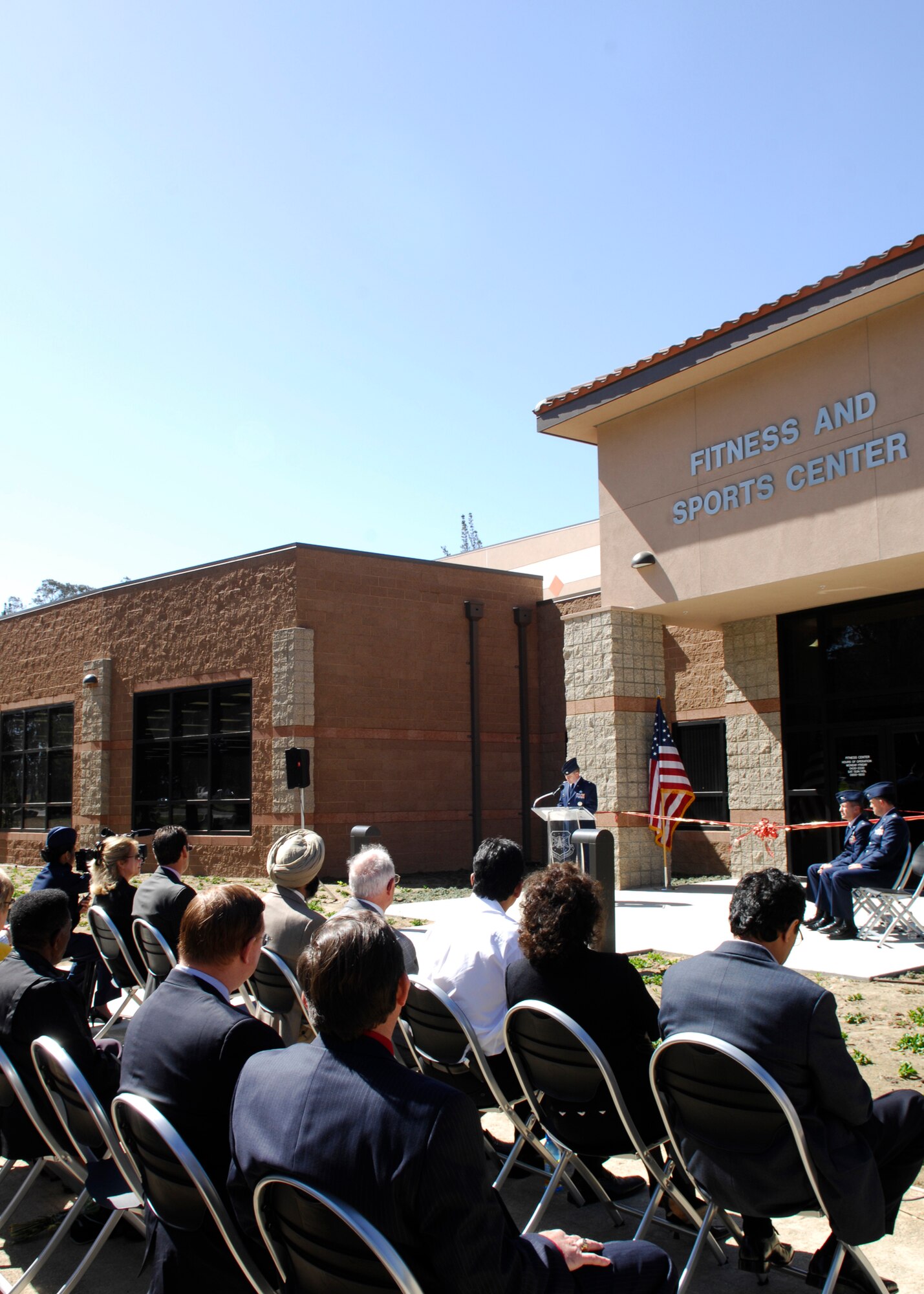 VANDENBERG AIR FORCE BASE, Calif. -- During the ribbon cutting ceremony for the new fitness center here, Lt. Col. Jason Bush, the 30th Force Support Squadron commander, thanks those that made its construction possible. Following the May 8 ceremony, the new fitness center was officially opened. (U.S. Air Force photo/Airman 1st Class Heather Shaw)