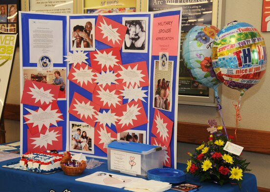 Altus Air Force Base, Okla. -- The Airman and Family Readiness Center displays a board entitled “Expressions of Affection” that showcases pictures of military members with their spouses and families at the Commissary May 8. A&FRC personnel provided cake, prizes, and program information to military spouses in honor of Military Spouse Appreciation Day at the Base Exchange and Commissary May 7 and 8. (U.S. Air Force photo/Airman First Class Tiffany M. Deuel) 