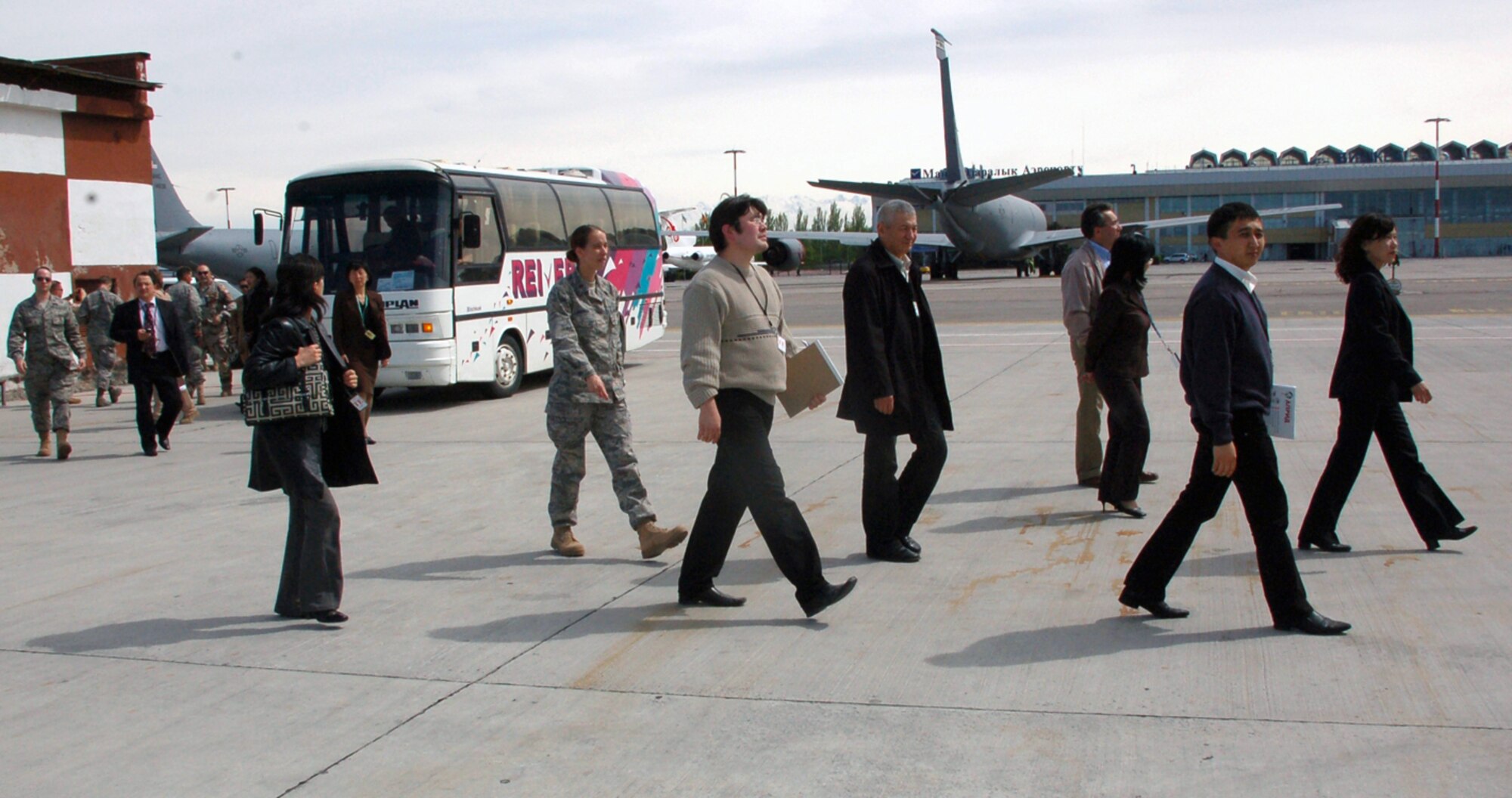 Guests attending a coalition medical symposium recently had the opportunity to tour the 376th Air Expeditionary Wing flightline at Manas Air Base, Kyrgyzstan. Guests attending the symposium were from the Spanish coalition medical staff, U.S. Embassy medical unit, Peace Corps medical staff and the Bishkek Research Center of Trauma and Orthopedics. (U.S. Air Force photo/Tech. Sgt. Phyllis Hanson) 