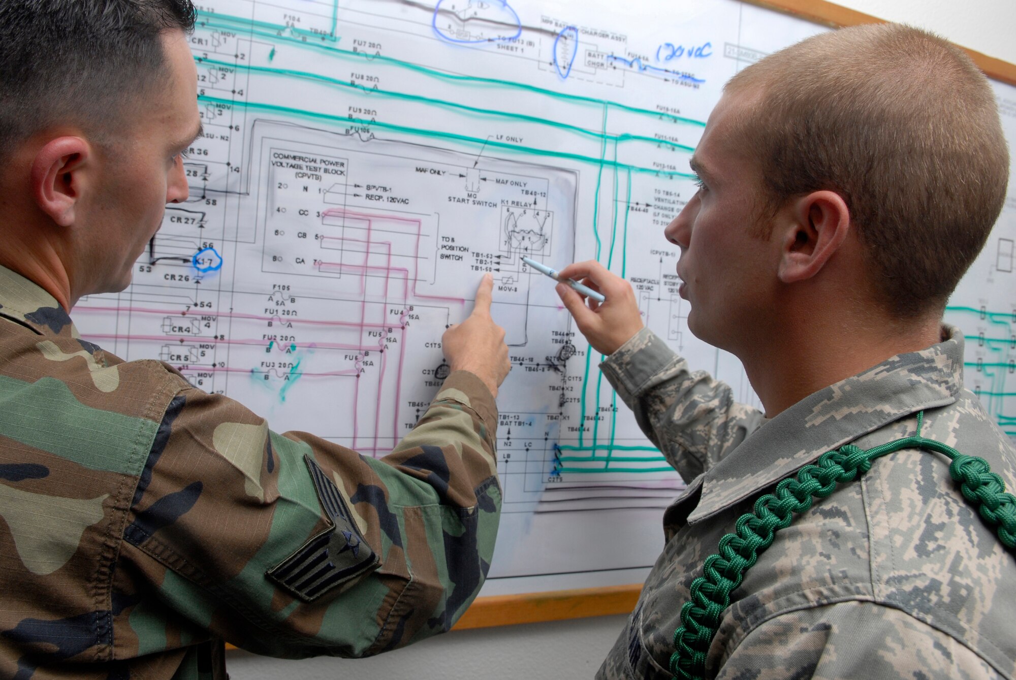 VANDENBERG AIR FORCE BASE, Calif. -- Staff Sgt. Dustin Isbell, a 532nd Training Squadron missile and space systems facilities instructor, helps Airman 1st Class Thadeus Williamson, a 532nd TRS student, create a power schematic here May 4. This course provides students the skills and knowledge needed to maintain and operate launch facility and missile alert facility diesel-electrical and electrical power systems, support vehicles, refrigeration and environmental control systems, and waste disposal systems.  It covers fundamentals of electrical circuits, symbols, components, wiring diagrams, microprocessors and monitors, as well as diesel electrical units. (U.S. Air Force photo/Senior Airman Christian Thomas)