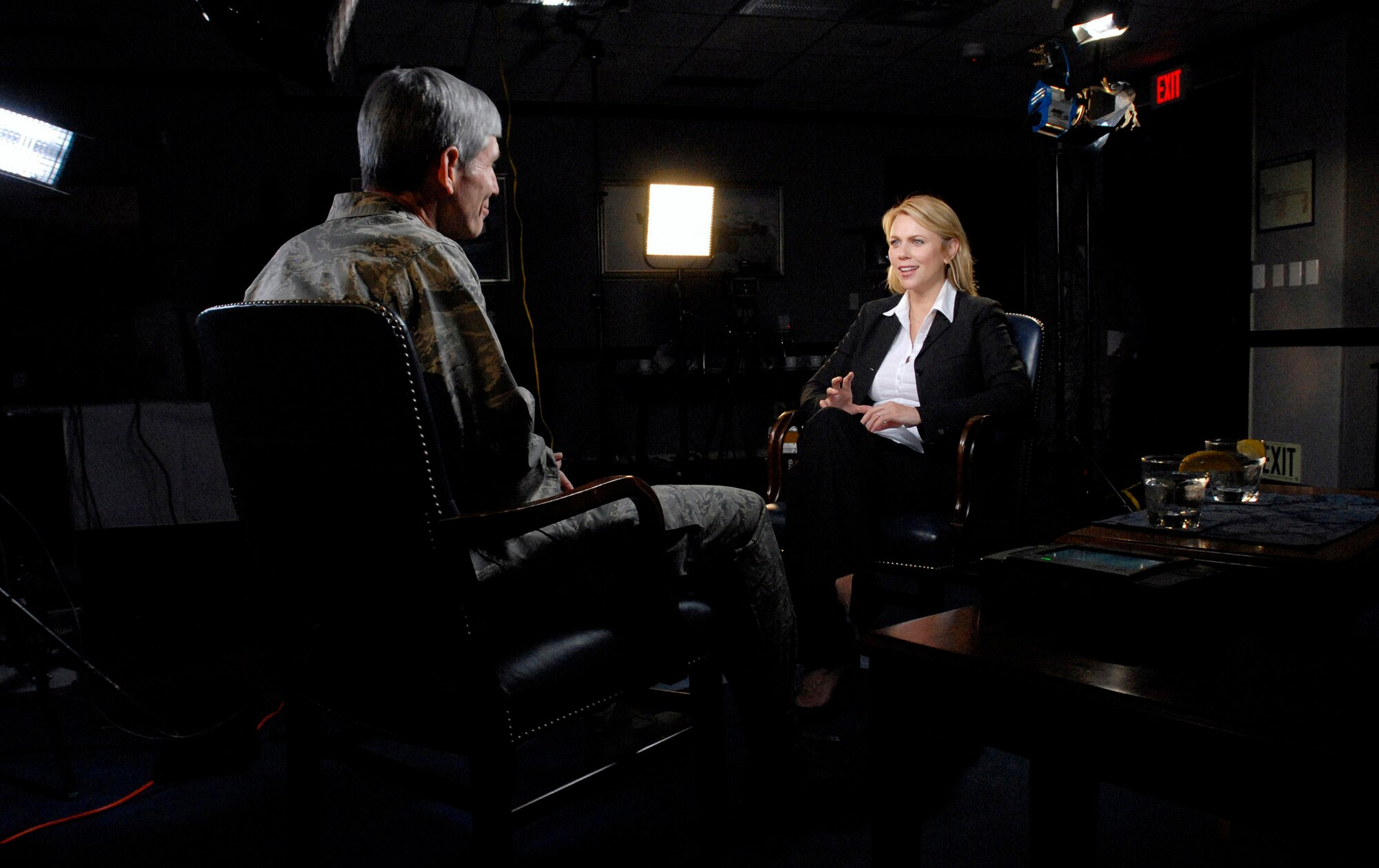 Air Force Chief of Staff Gen. Norton Schwartz answers questions during an interview April 15 with Lara Logan from "60 Minutes."  During the discussion, General Schwartz spoke about the capabilities of the unmanned aircraft system and its significant impact to the mission.  The interview is part of a broadcast that will air May 10. (U.S. Force photo/Master Sgt. Stan Parker)