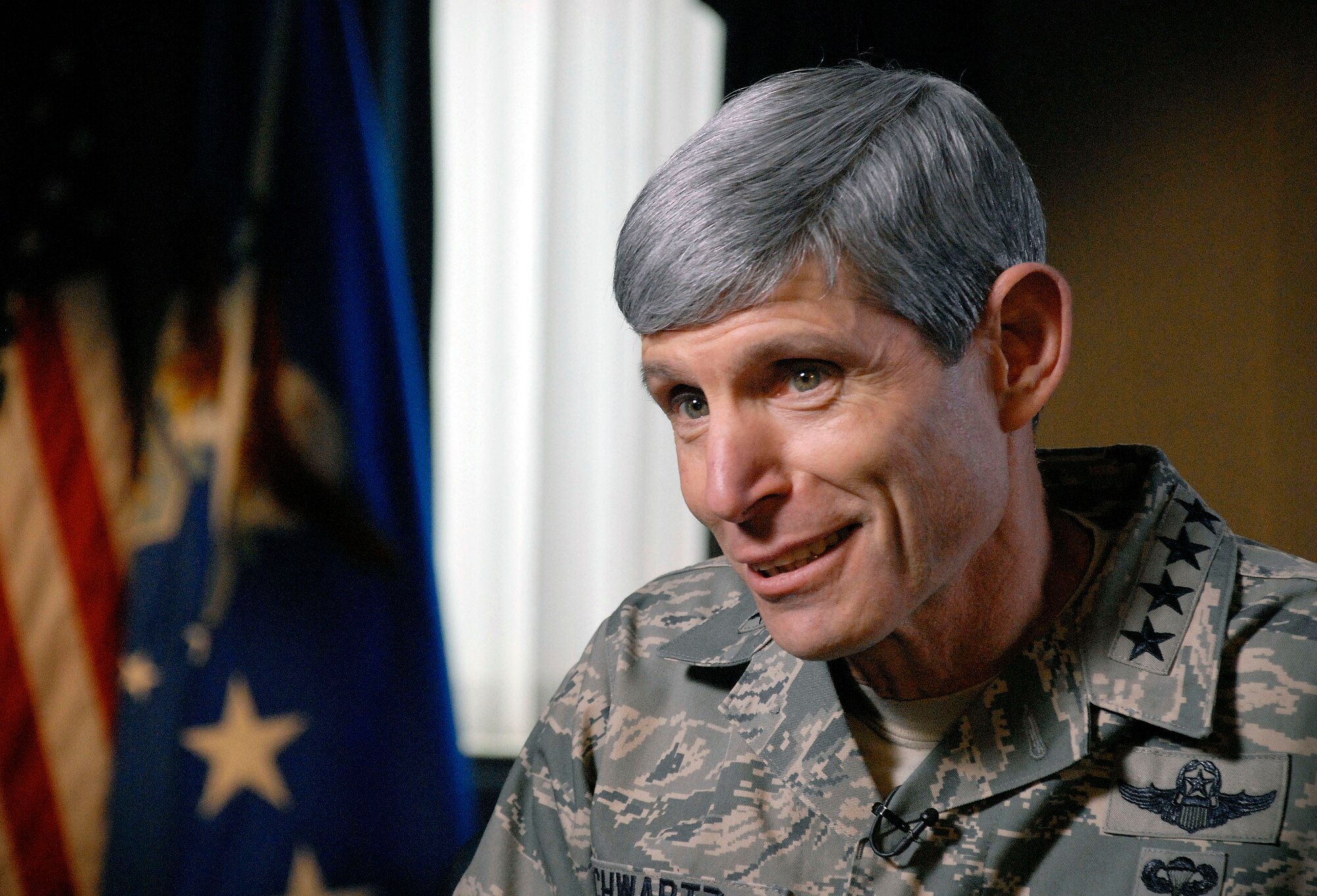 Air Force Chief of Staff Gen. Norton Schwartz answers questions during an interview April 15 with Lara Logan from "60 Minutes."  During the discussion, General Schwartz spoke about the capabilities of the unmanned aircraft system and its significant impact to the mission.  The interview is part of a broadcast that will air May 10. (U.S. Force photo/Master Sgt. Stan Parker)