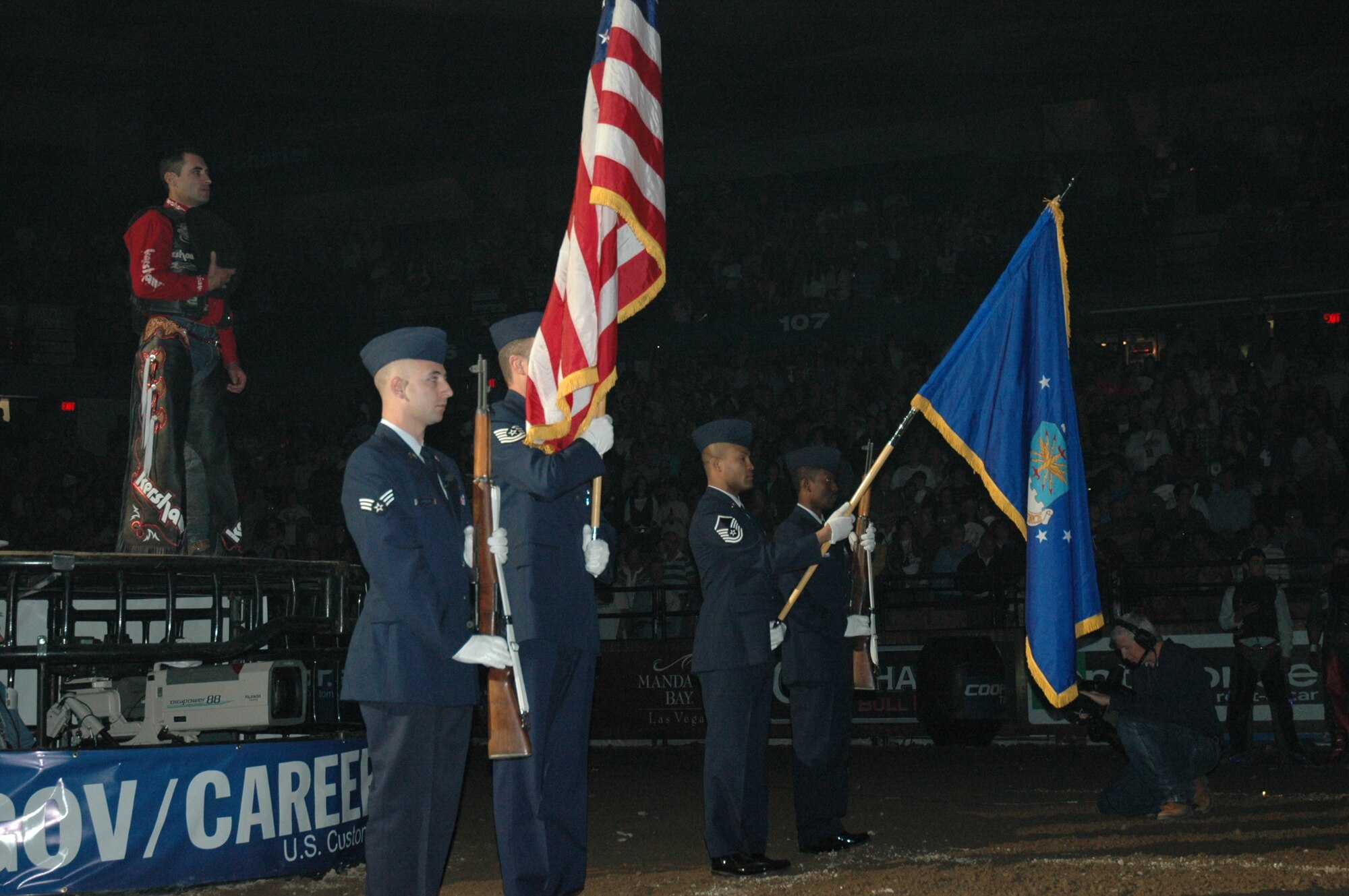 Recruiters from the 319 Recruiting Squadron post colors at opening ceremonies of the Air Force Invitational Professional Bull Riders show May 2 in Worcester, Ma. Recruiters posted colors all three days of the event May 1-3. The Air Force sponsorship of PBR provides the chance to share information and job opportunities with millions of fans. (U.S. Air Force photo/Tech. Sgt. Michael Brown)